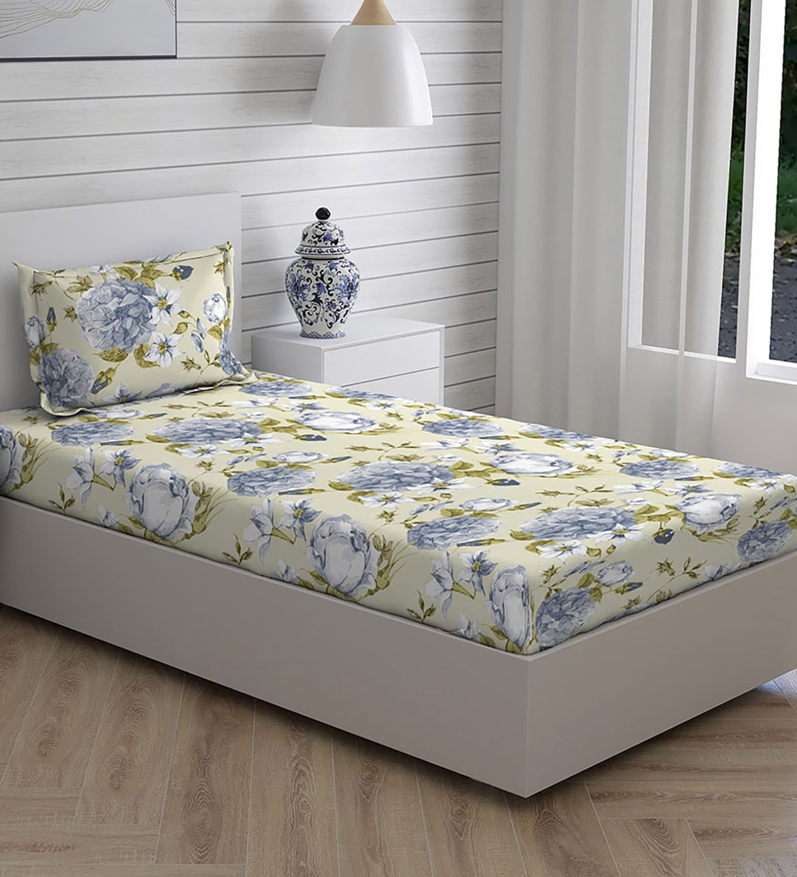 Blue Floral 104 TC Cotton Single Bed Sized Bed Sheets With 1 Pillow Cover