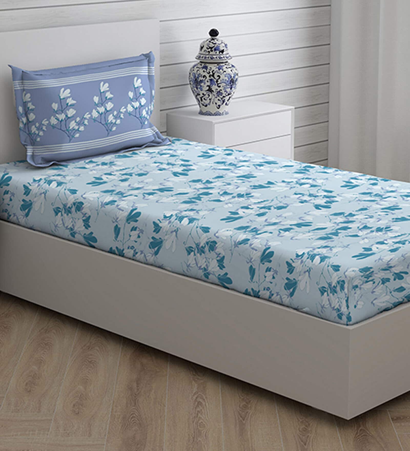Blue Floral 104 TC Cotton Single Bed Sized Bed Sheets With 1 Pillow Cover