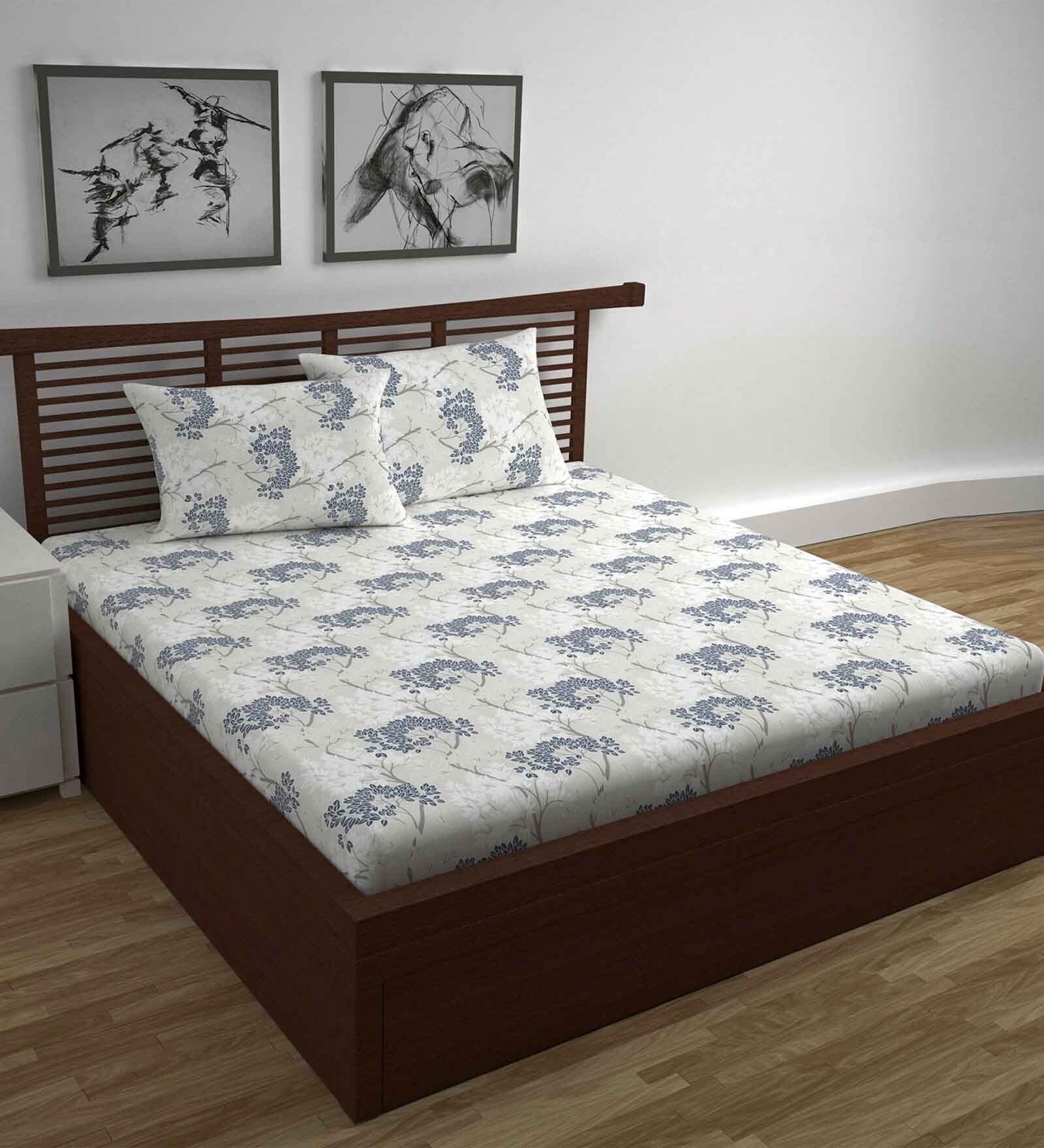 Blue Floral 144 TC Cotton Double Bedsheet with 2 Pillow Covers