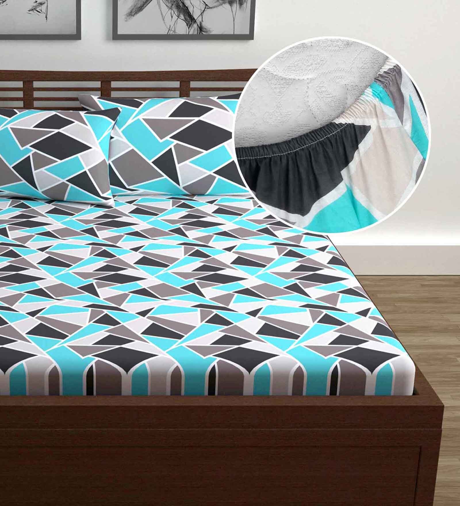 Blue Floral 144 TC Cotton Double Fitted Bedsheet with 2 Pillow Covers