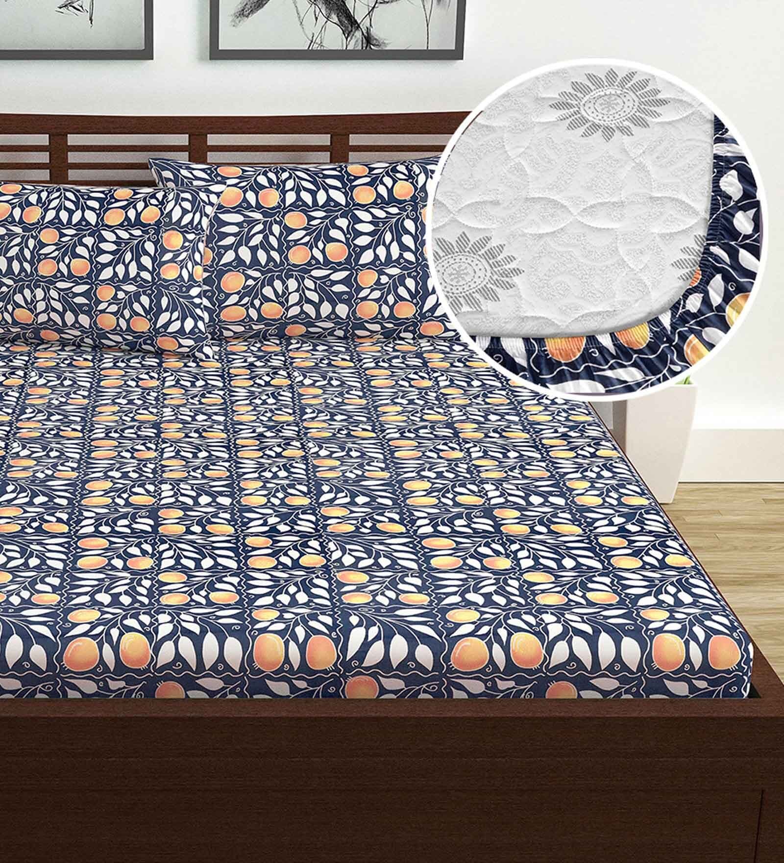 Blue Floral 144 TC Cotton Double Fitted Bedsheet with 2 Pillow Covers