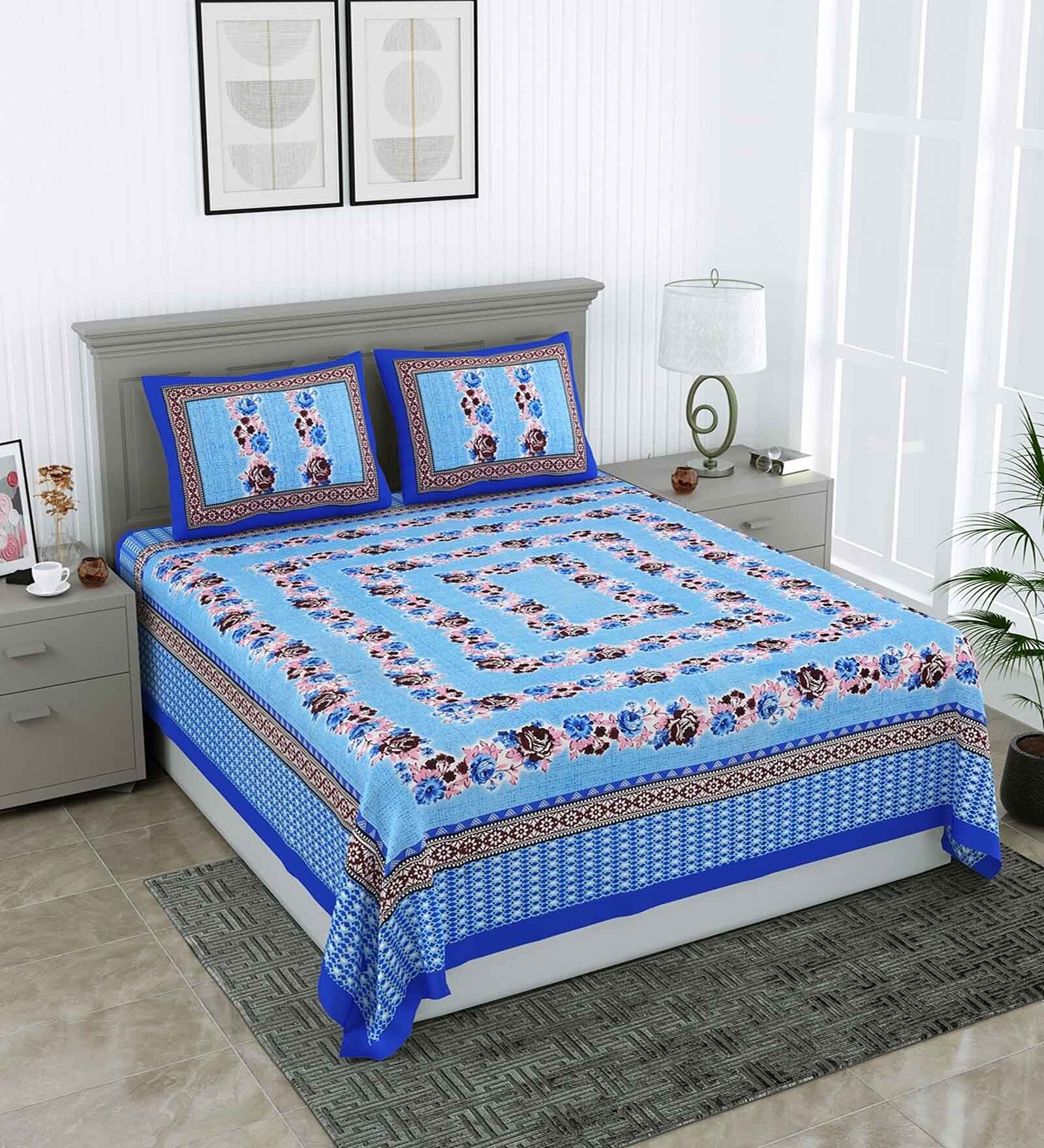 Blue Floral 144 TC Cotton Double Queen Bedsheet With 2 Pillow Covers