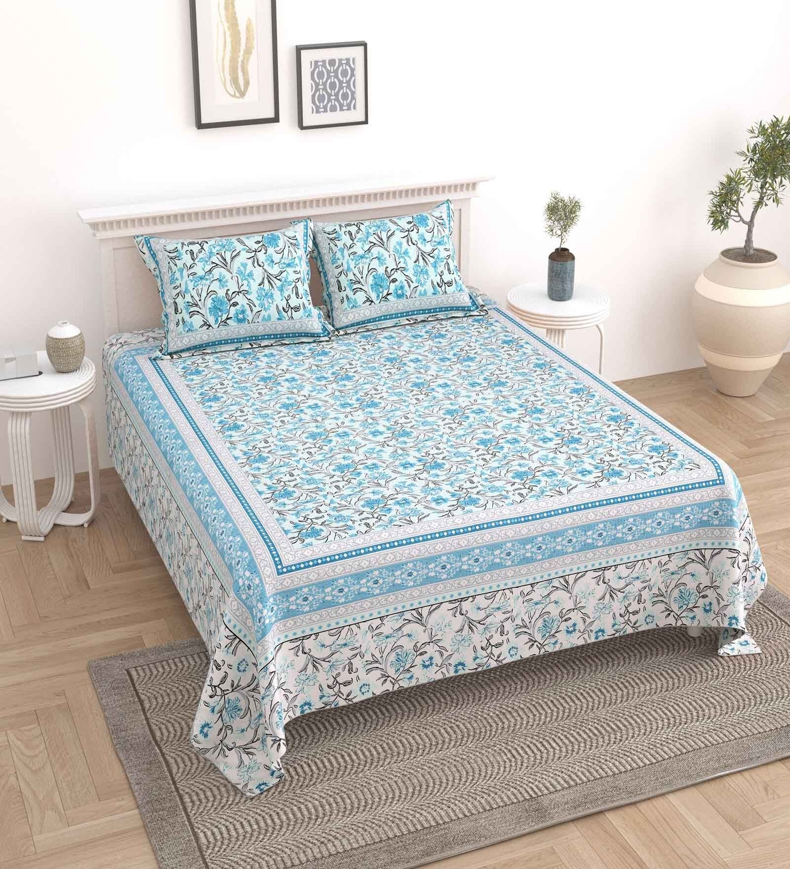 Blue Floral 144 TC Cotton King Bedsheet and 2 Pillow Cover