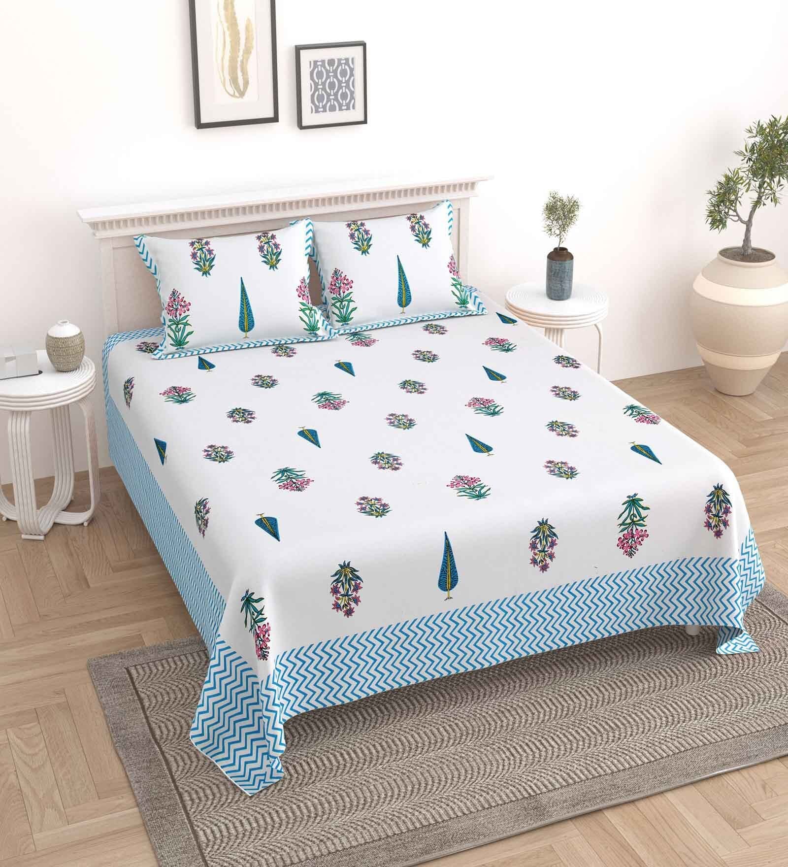 Blue Floral 144 TC Cotton King Bedsheet and 2 Pillow Cover