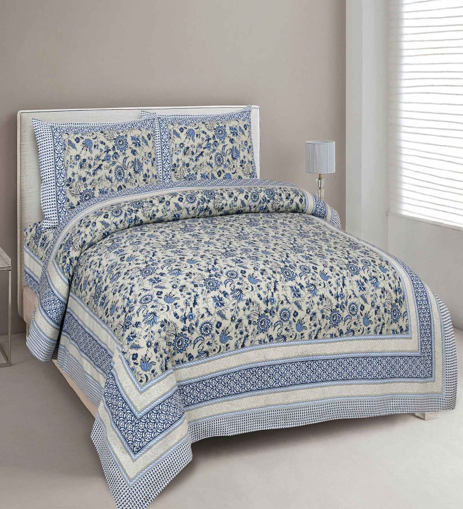 Blue Floral 144 TC Cotton King Bedsheet and 2 Pillow Cover