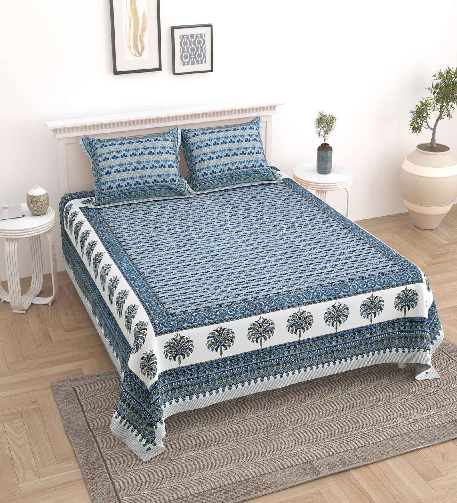 Blue Floral 144 TC Cotton King Bedsheet and 2 Pillow Cover