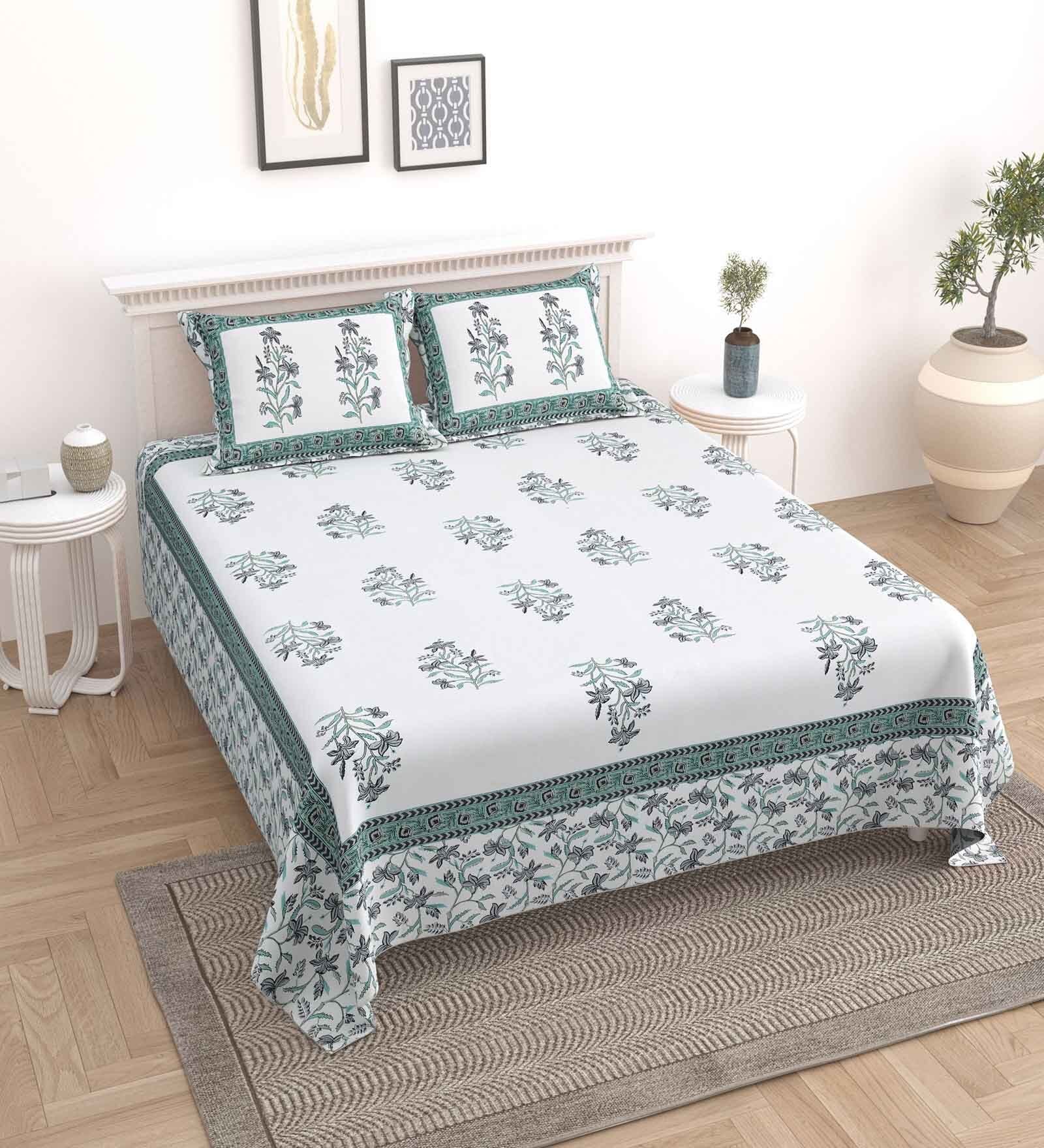 Blue Floral 144 TC Cotton King Bedsheet and 2 Pillow Cover