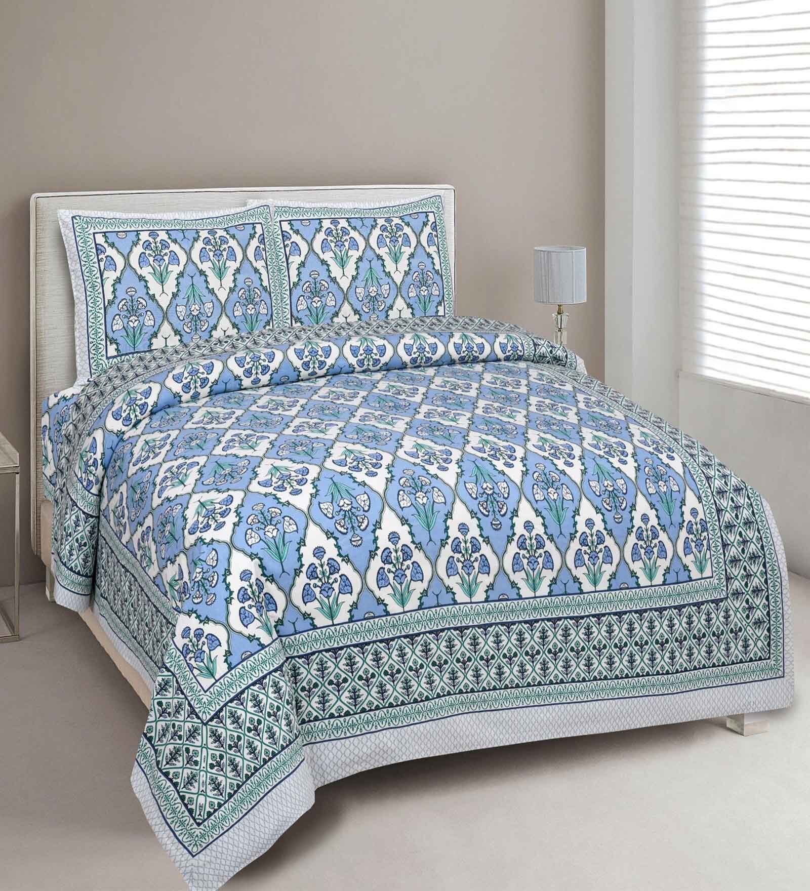 Blue Floral 144 TC Cotton King Bedsheet and 2 Pillow Cover