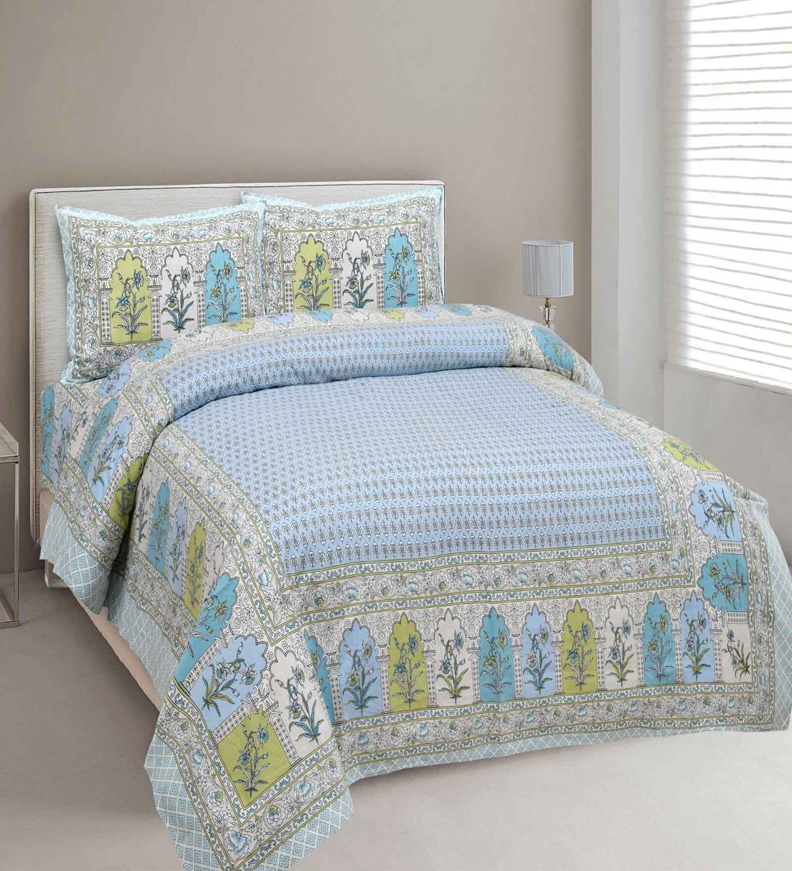 Blue Floral 144 TC Cotton King Bedsheet and 2 Pillow Cover