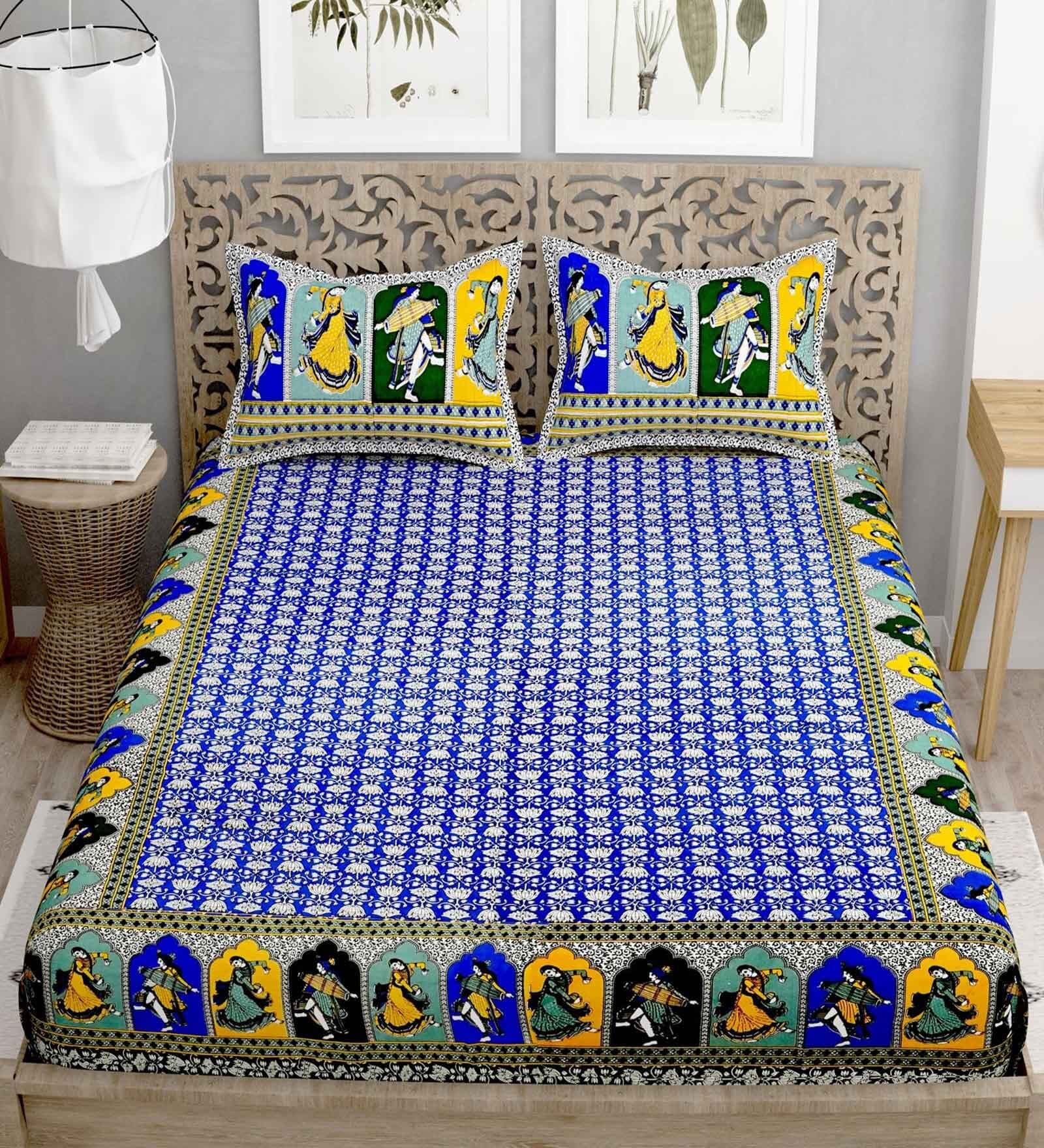 Blue Floral 144 TC Cotton King Bedsheet and 2 Pillow Cover