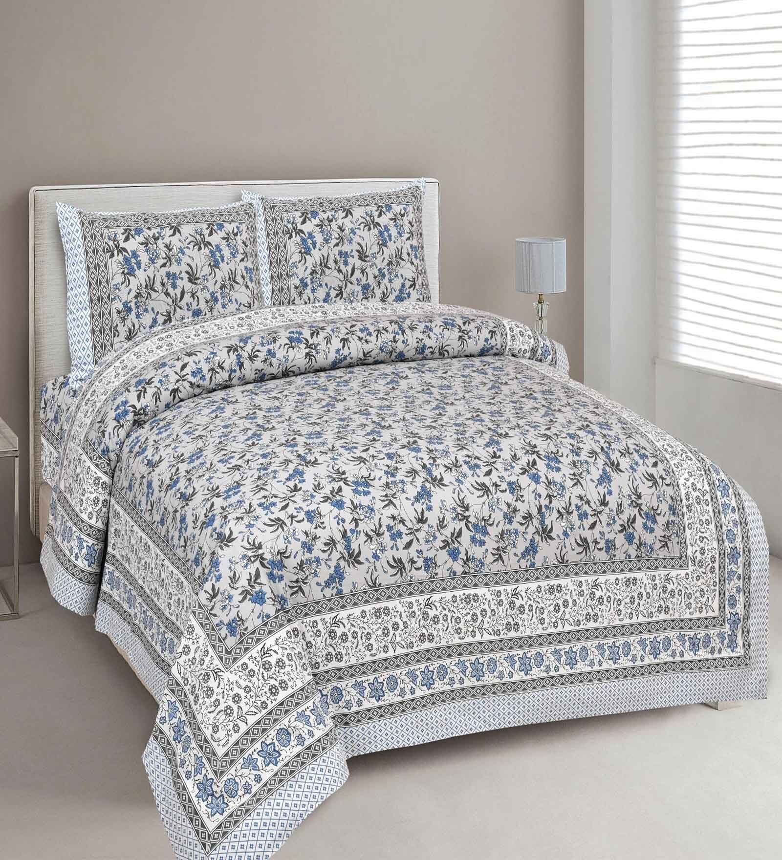 Blue Floral 144 TC Cotton King Bedsheet and 2 Pillow Cover