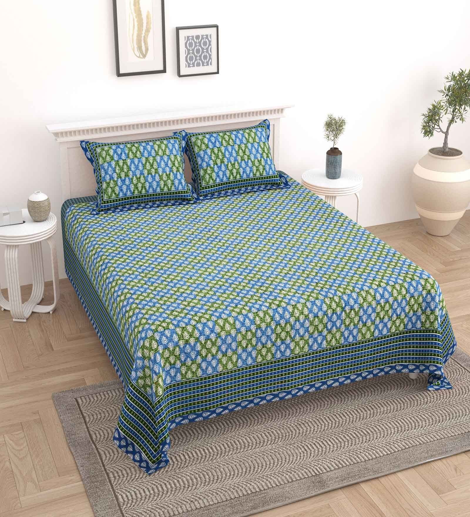 Blue Floral 144 TC Cotton King Bedsheet and 2 Pillow Cover