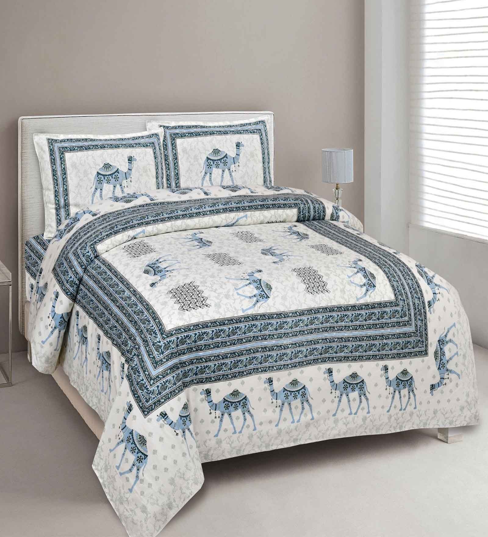 Blue Abstract 144 TC Cotton King Bedsheet and 2 Pillow Cover