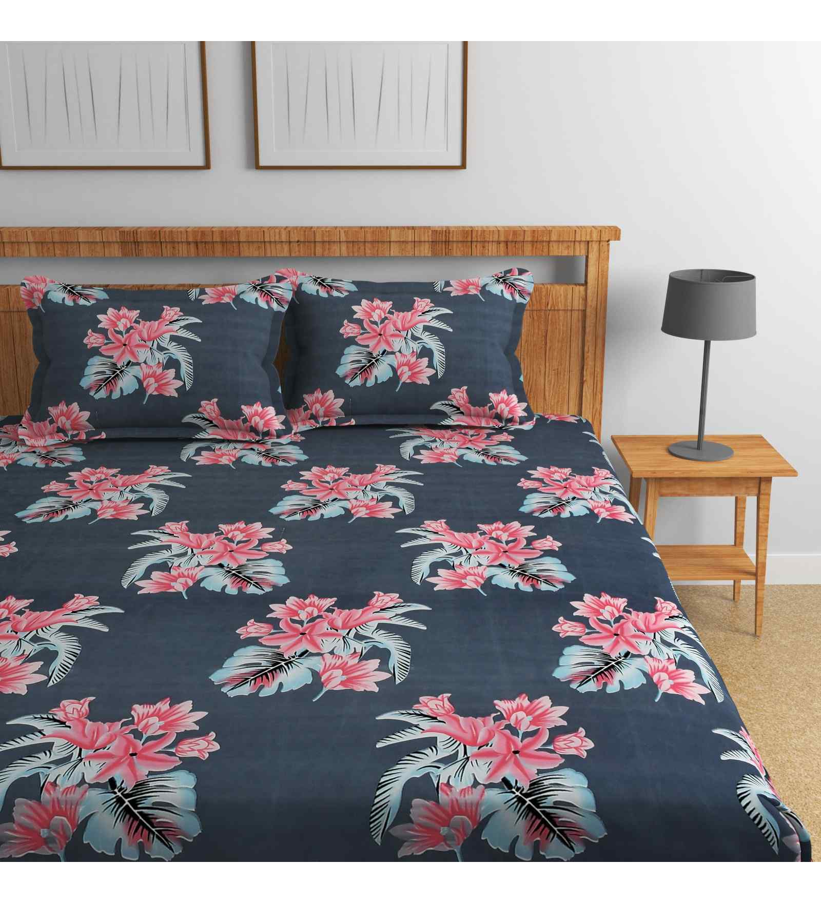 Blue Floral 144 TC Cotton King Fitted Bedsheet Bedsheet 2 Pillow Rose Collection