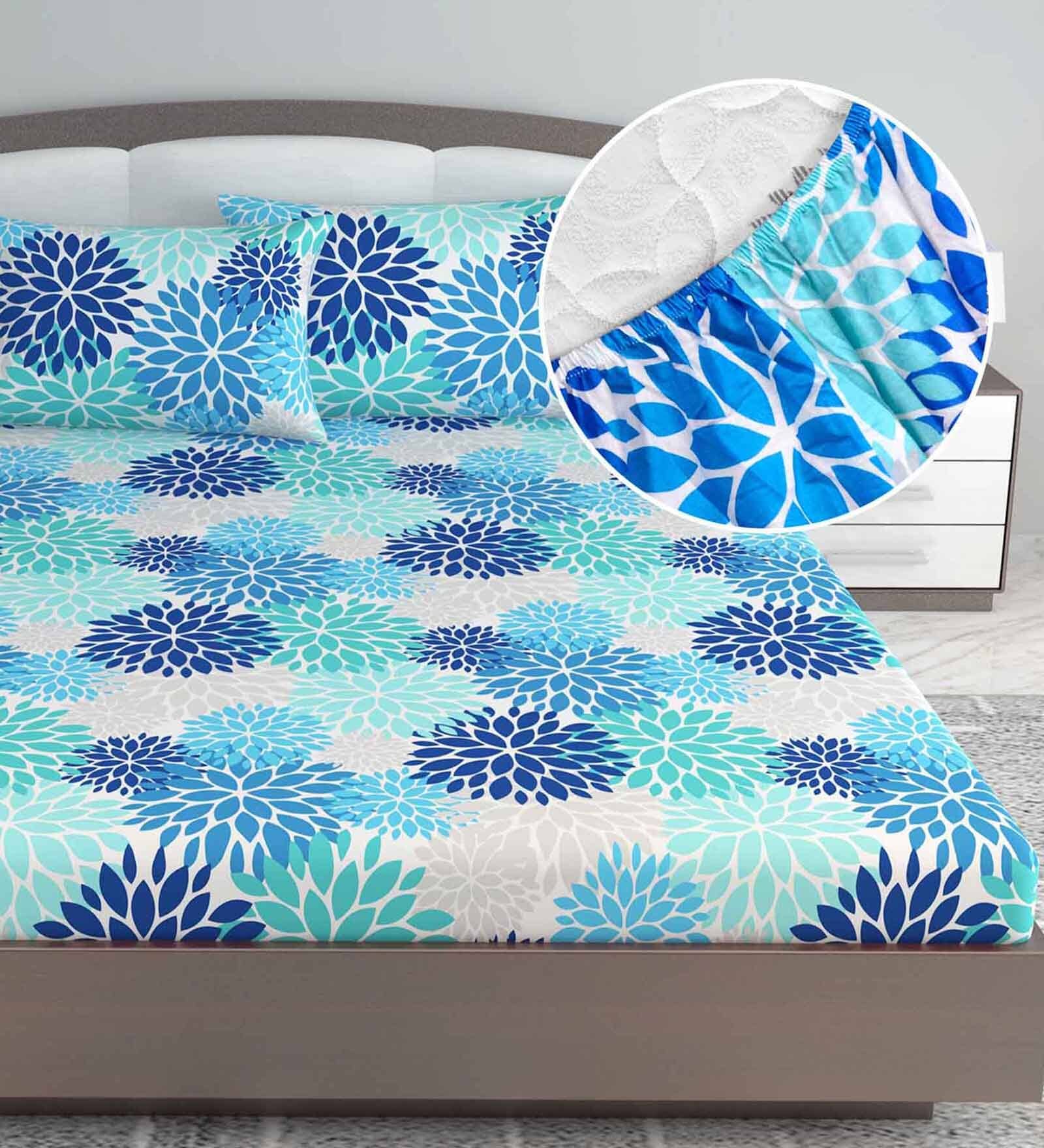 Blue Floral 144 TC Cotton King Fitted Bedsheet with 2 Pillow Covers