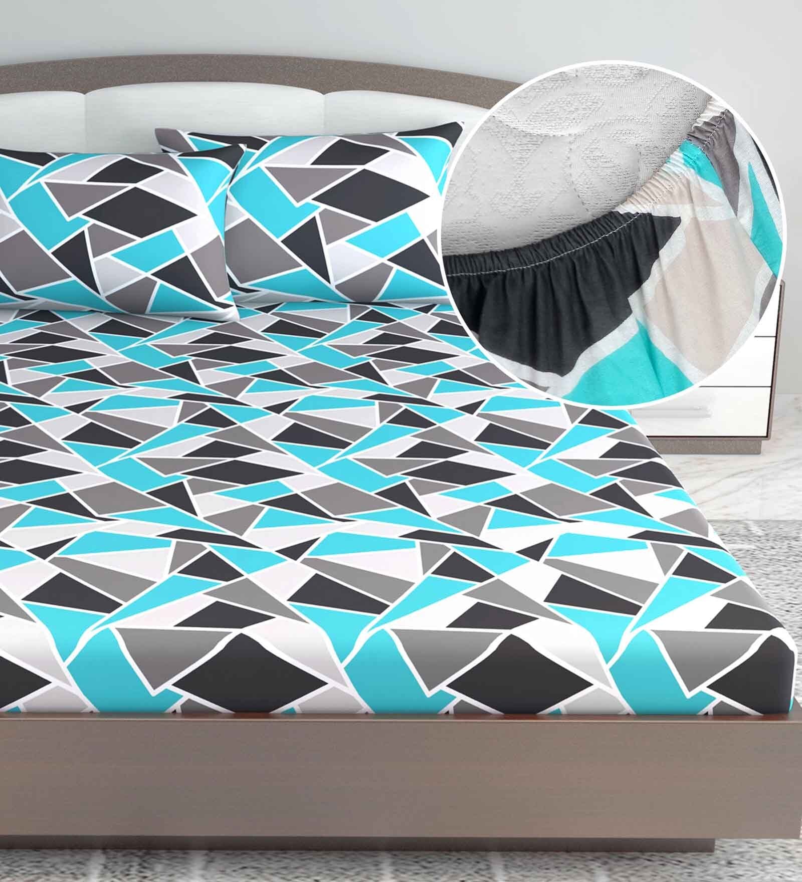 Blue Floral 144 TC Cotton King Fitted Bedsheet with 2 Pillow Covers