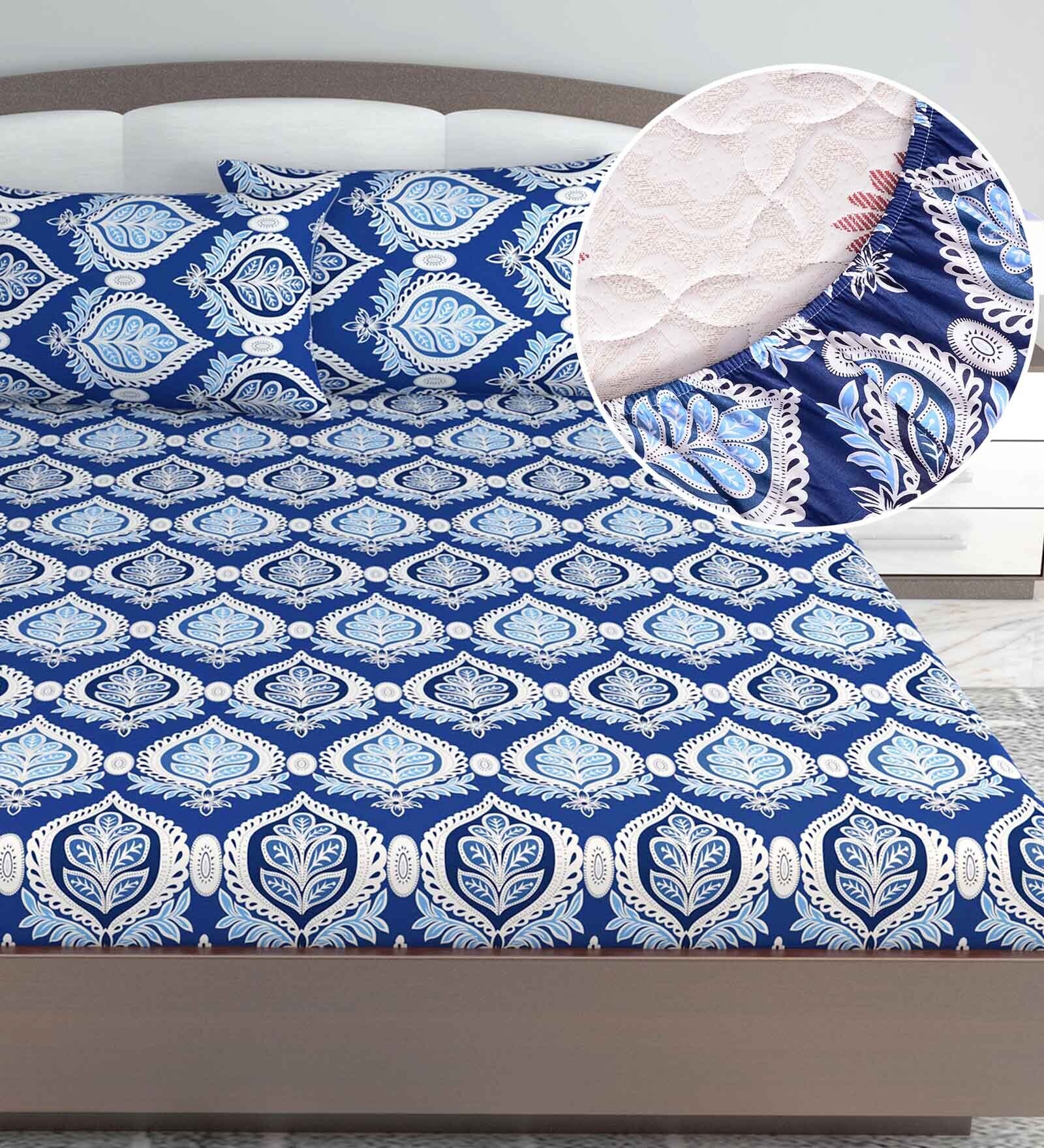 Blue Floral 144 TC Cotton King Fitted Bedsheet with 2 Pillow Covers