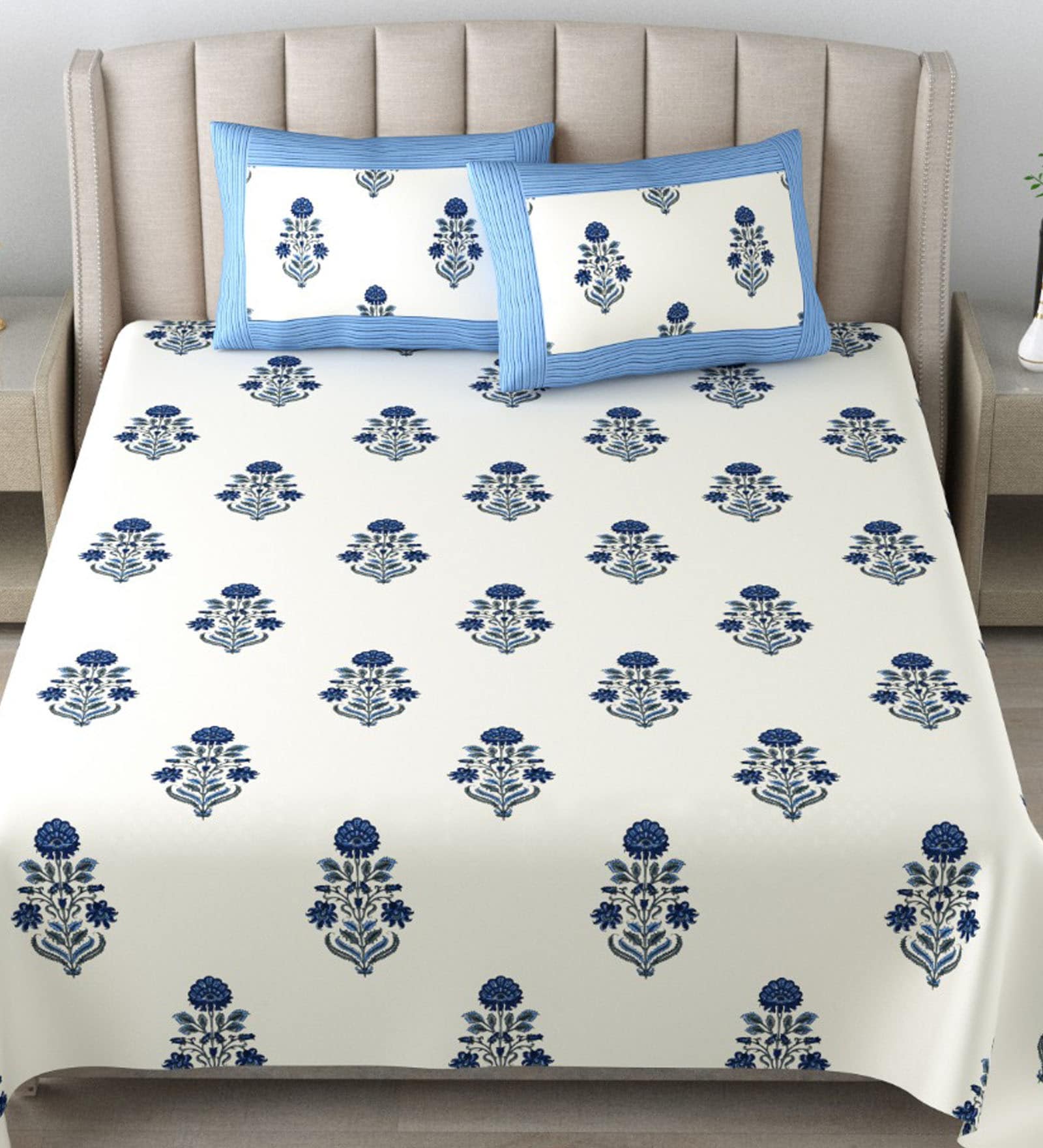 Buy Blue Traditional 210 Tc Cotton King Sized Bed Sheets With 2 Pillow