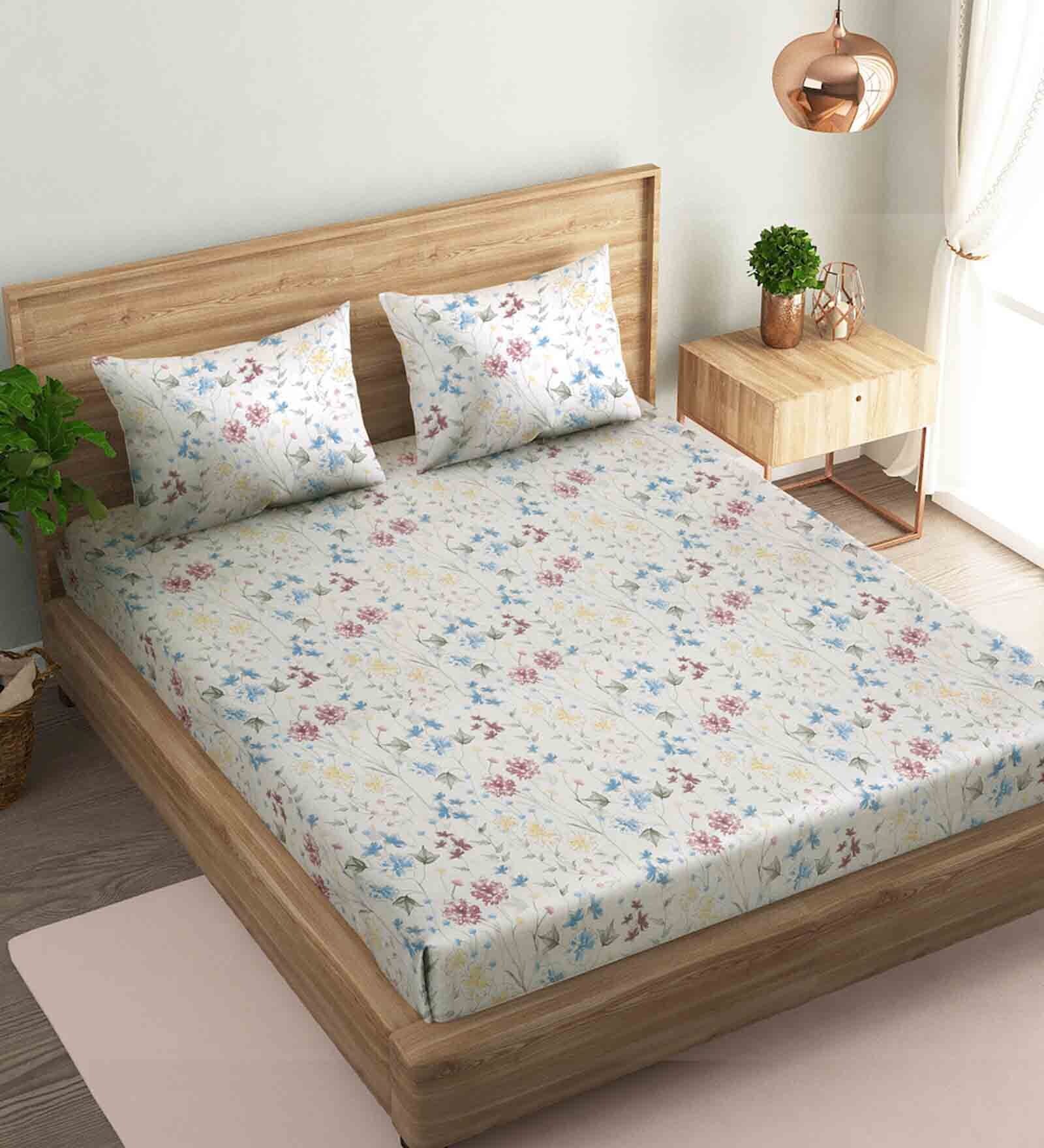 Blue Floral 144 TC Cotton Queen Sized Bed Sheets with 2 Pillow Covers