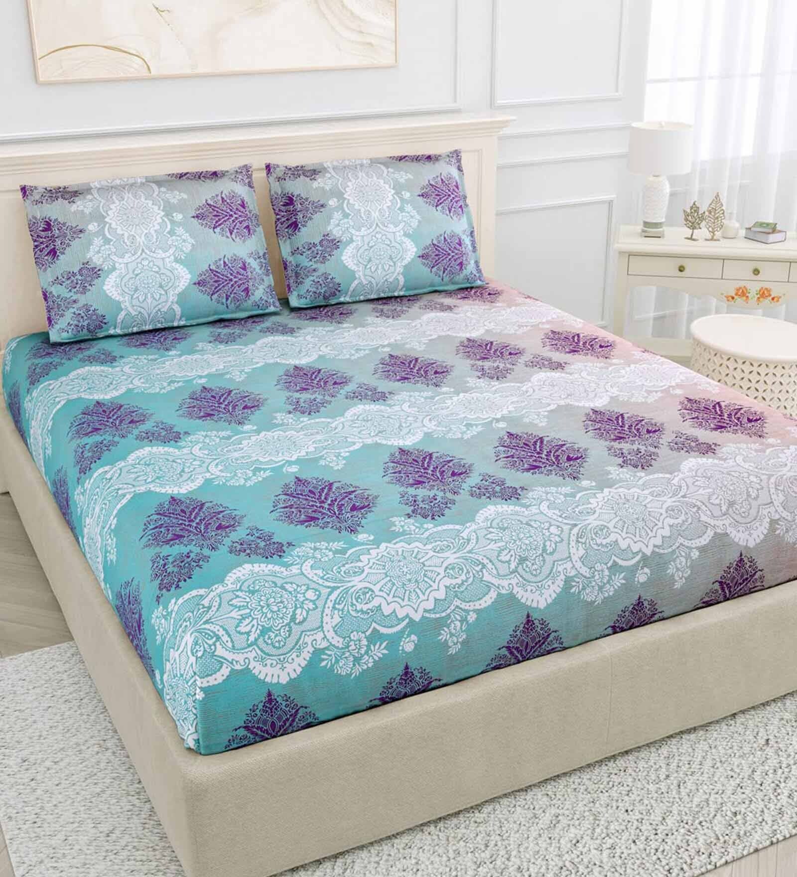 Blue Floral 144 TC Cotton Queen Sized Bedsheet with 2 Pillow Covers Florentine Collection