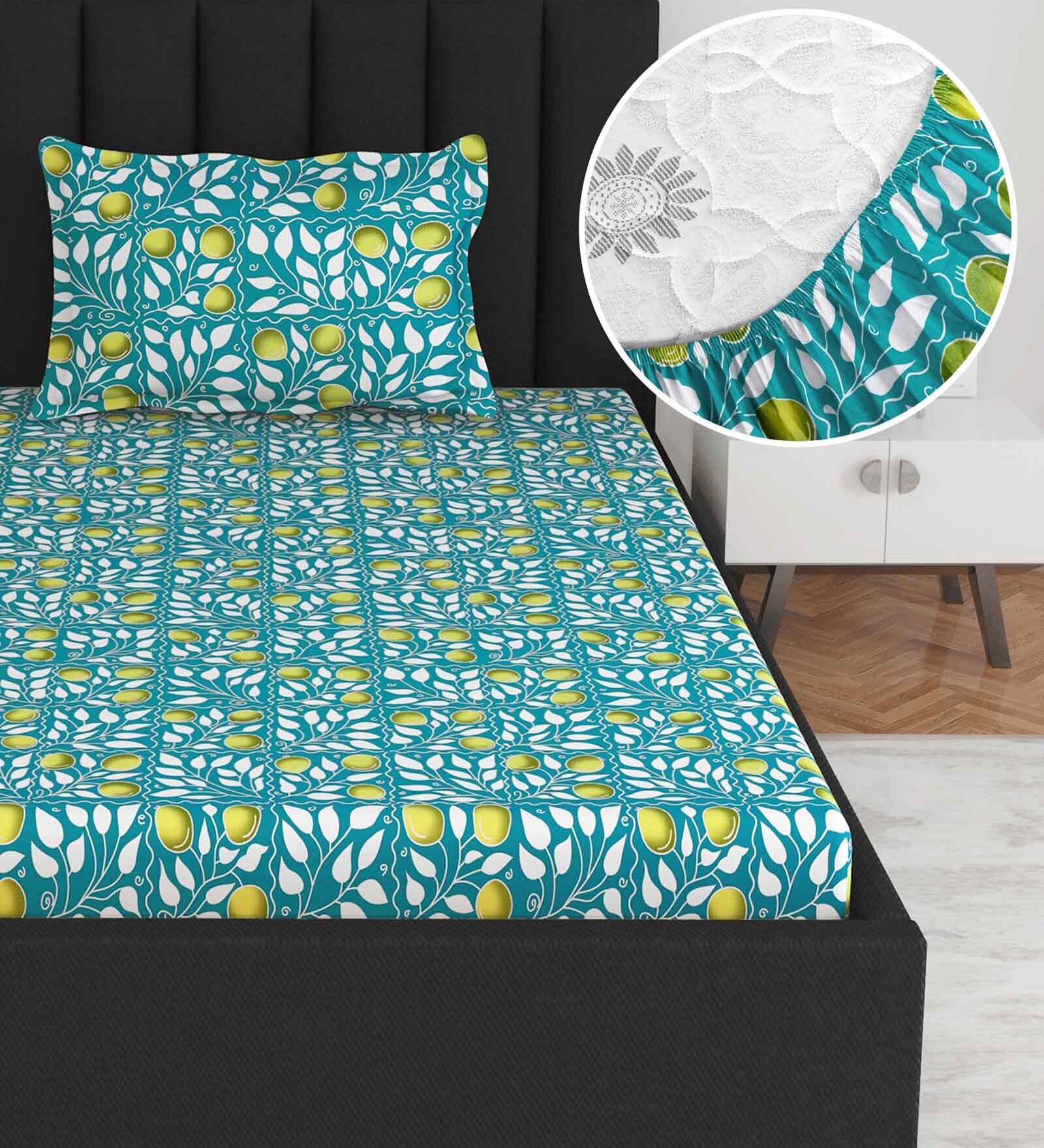 Blue Floral 144 TC Cotton Single Fitted Bedsheet With 1 Pillow Cover