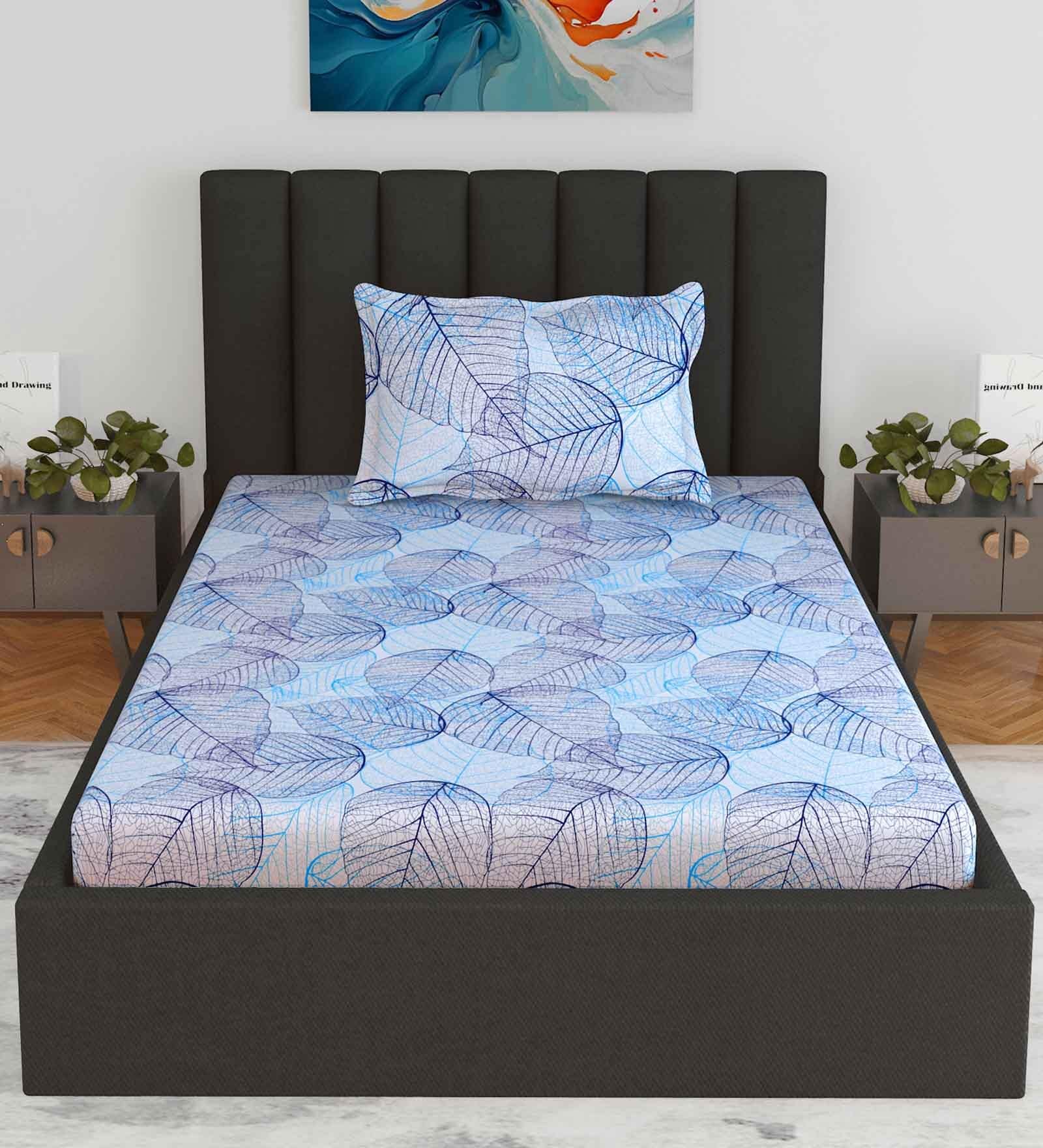 Blue Floral 144 TC Cotton Single Fitted Bedsheet With 1 Pillow Cover
