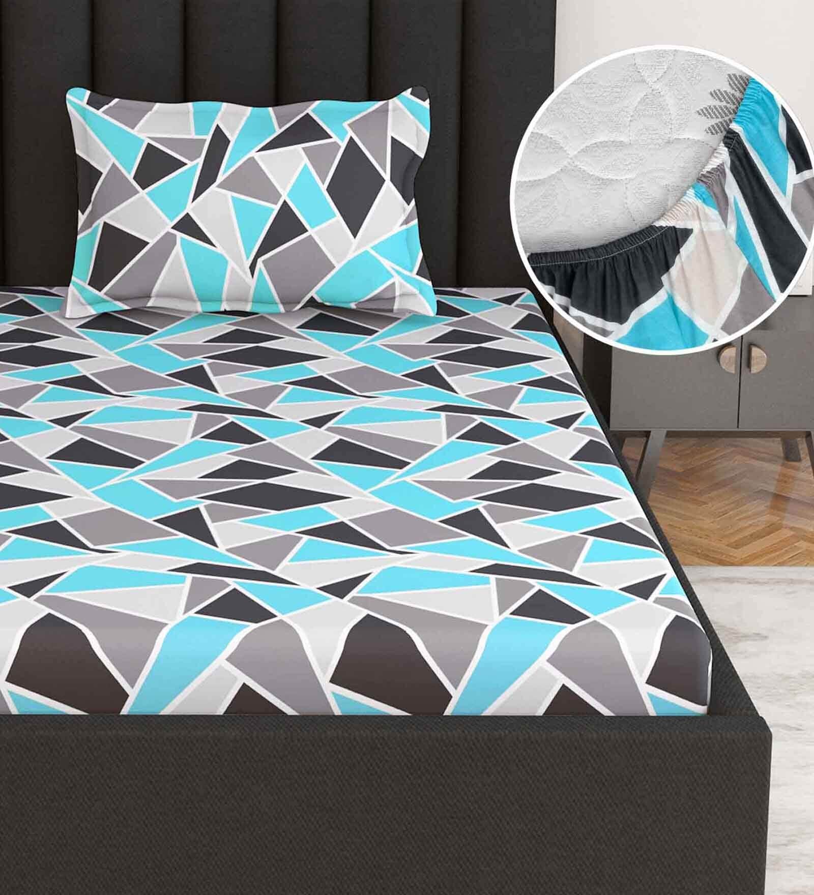 Blue Floral 144 TC Cotton Single Fitted Bedsheet With 1 Pillow Cover