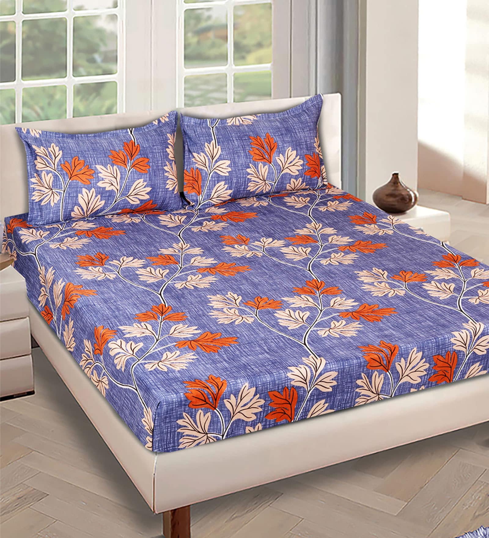 Blue Floral 144 TC Glace Cotton Queen Sized Double Bedsheet with 2 Pillow Covers