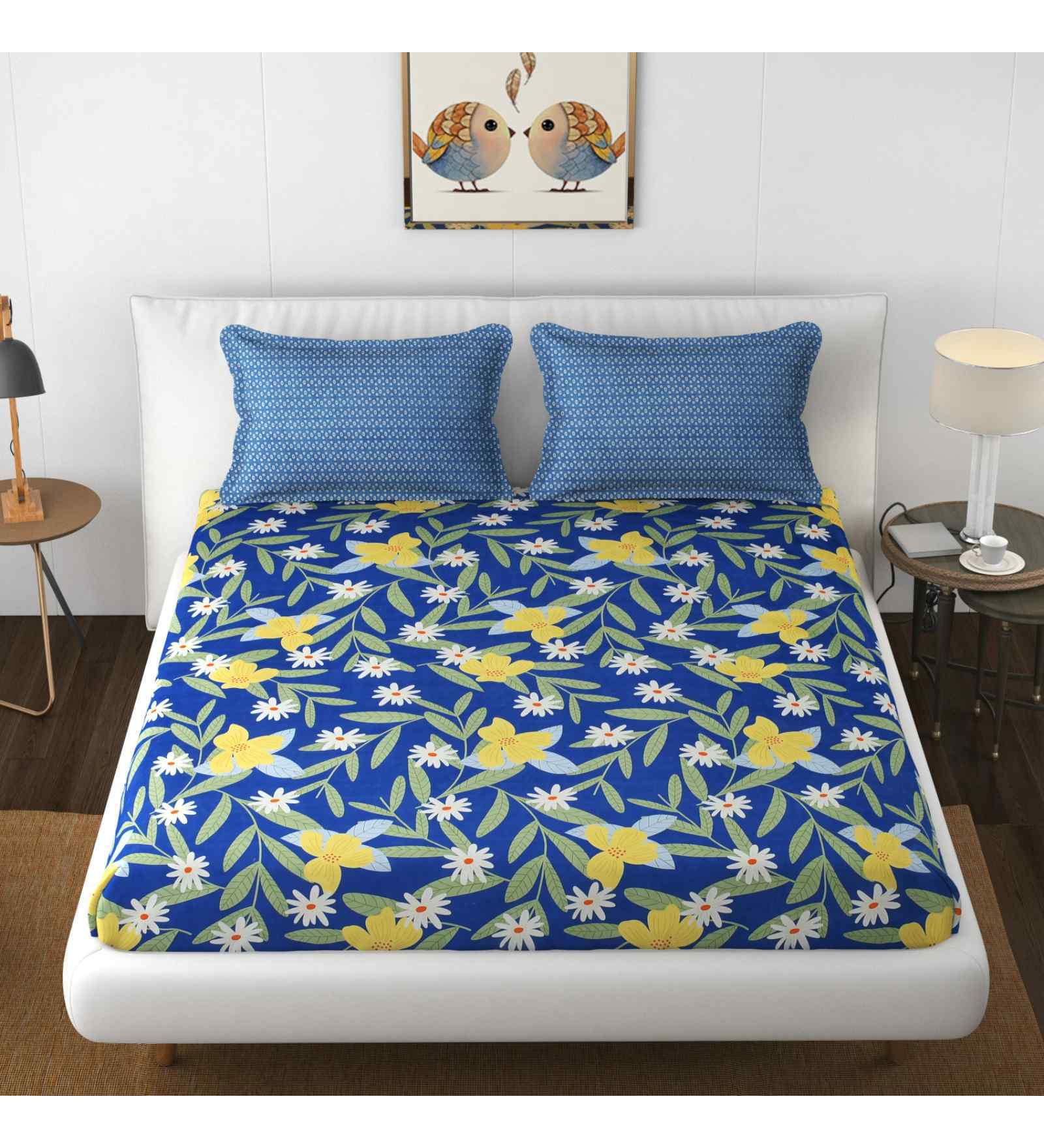Blue Floral 144 TC Microfiber Queen Sized Bedsheet Bedsheet 2 Pillow Heaven Collection