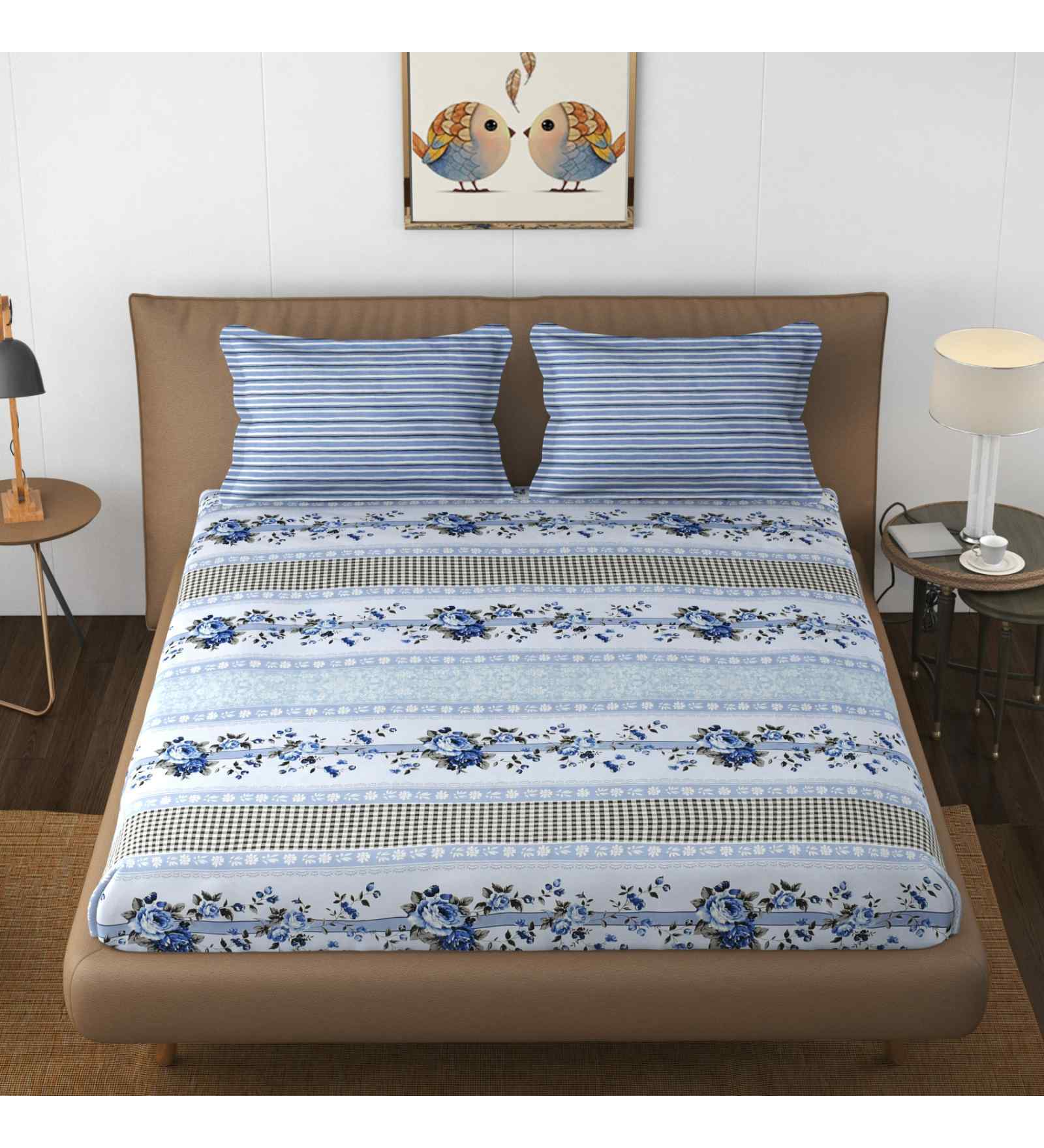 Blue Floral 144 TC Microfiber Queen Sized Bedsheet Bedsheet 2 Pillow Heaven Collection