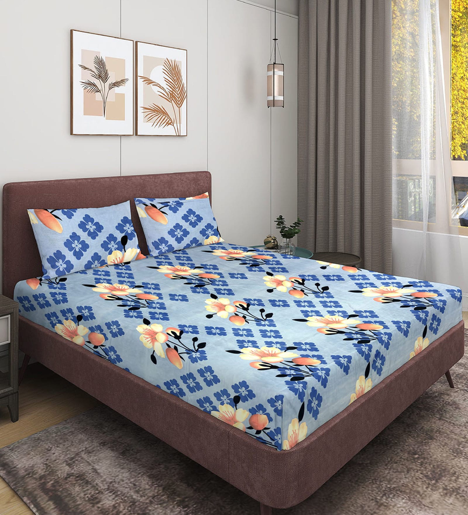Blue Floral 144 TC Microfiber Queen Sized Double Bedsheet with 2 Pillow Covers