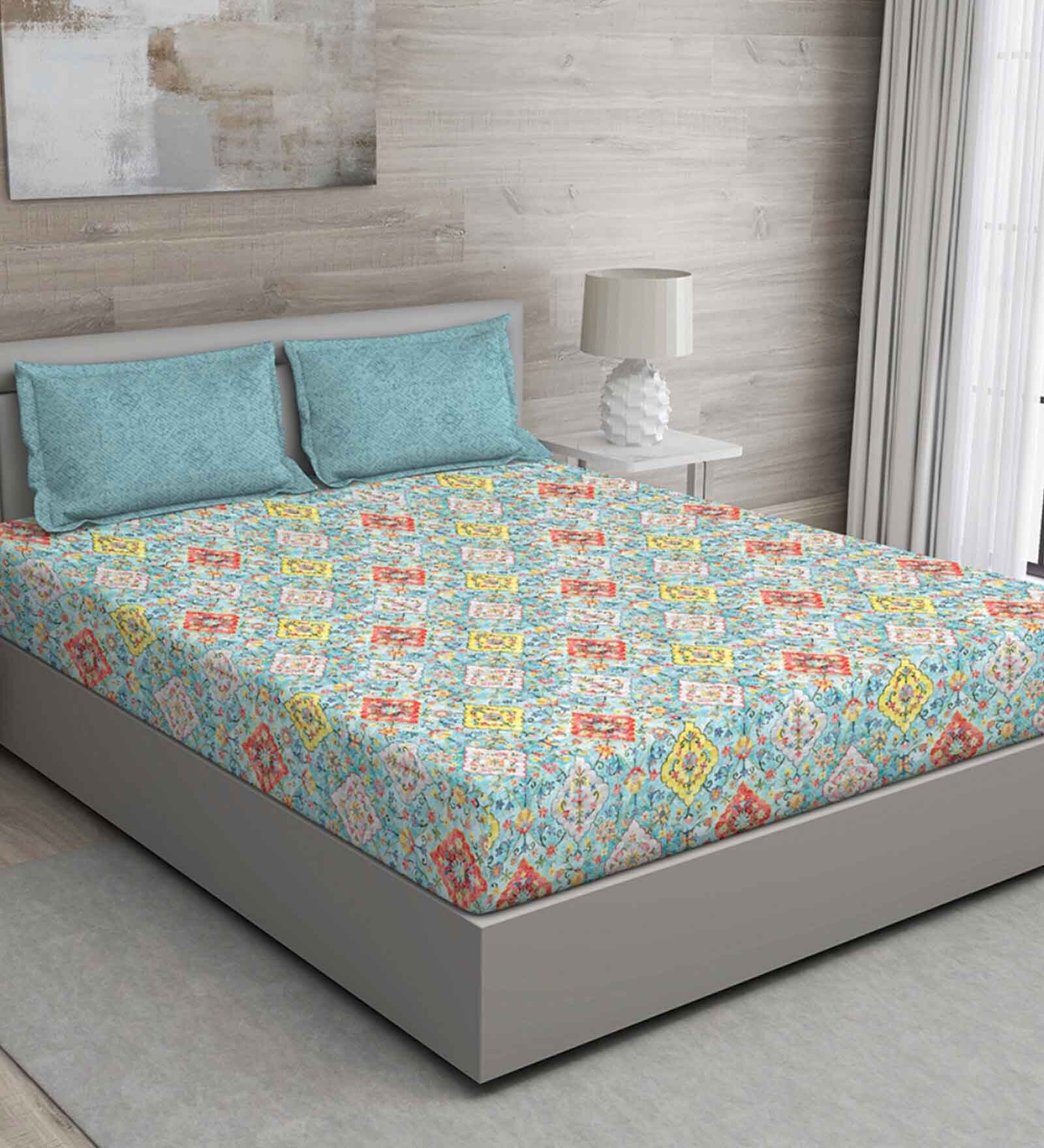 Blue Floral 150 TC Cotton Queen Sized Bed Sheets with 2 Pillow Covers