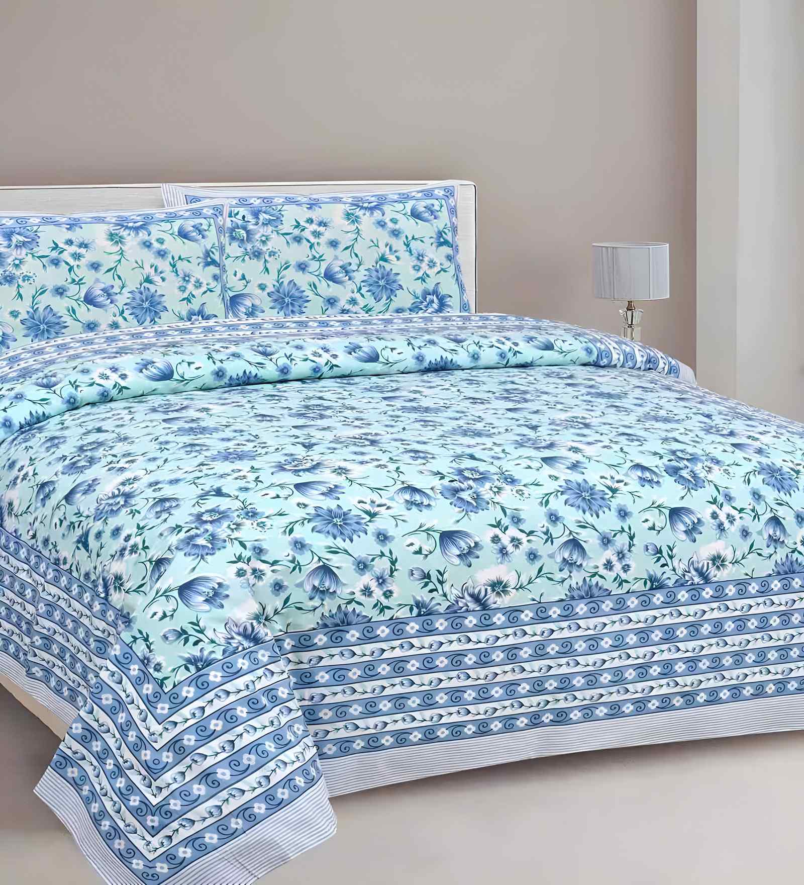 Blue Floral 180 TC Cotton  King Sized Bedsheet with 2 Pillow Covers