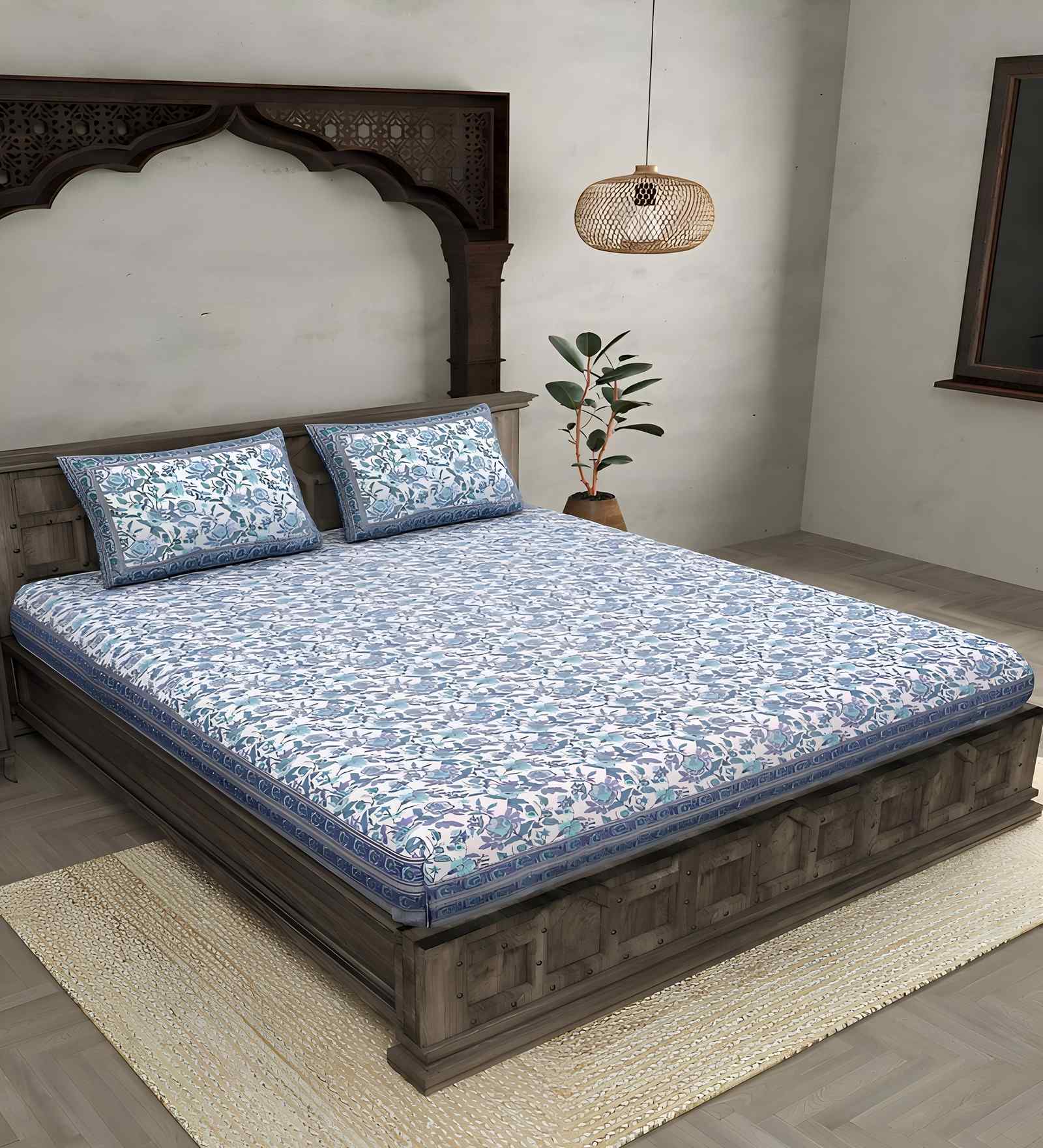 Blue Floral 180 TC Cotton  King Sized Bedsheet with 2 Pillow Covers