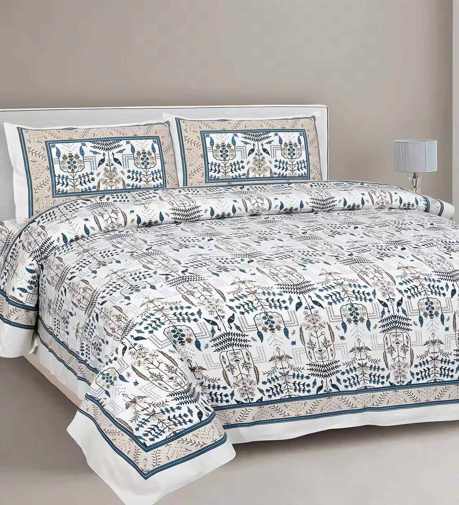 Blue Floral 180 TC Cotton  King Sized Bedsheet with 2 Pillow Covers