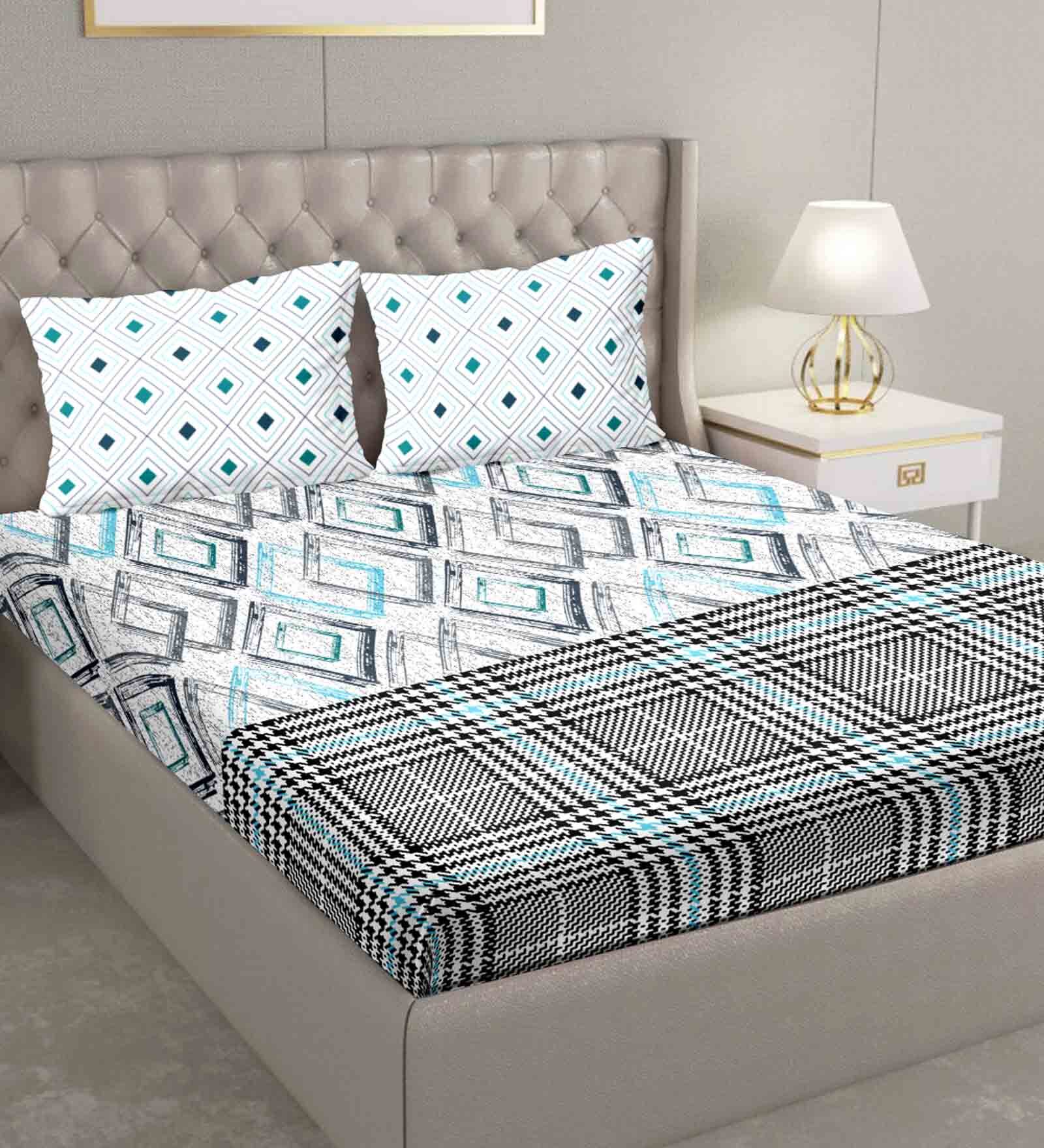 Buy Blue Geometric 180 Tc Cotton 1 Double King Size Bedsheet With 2