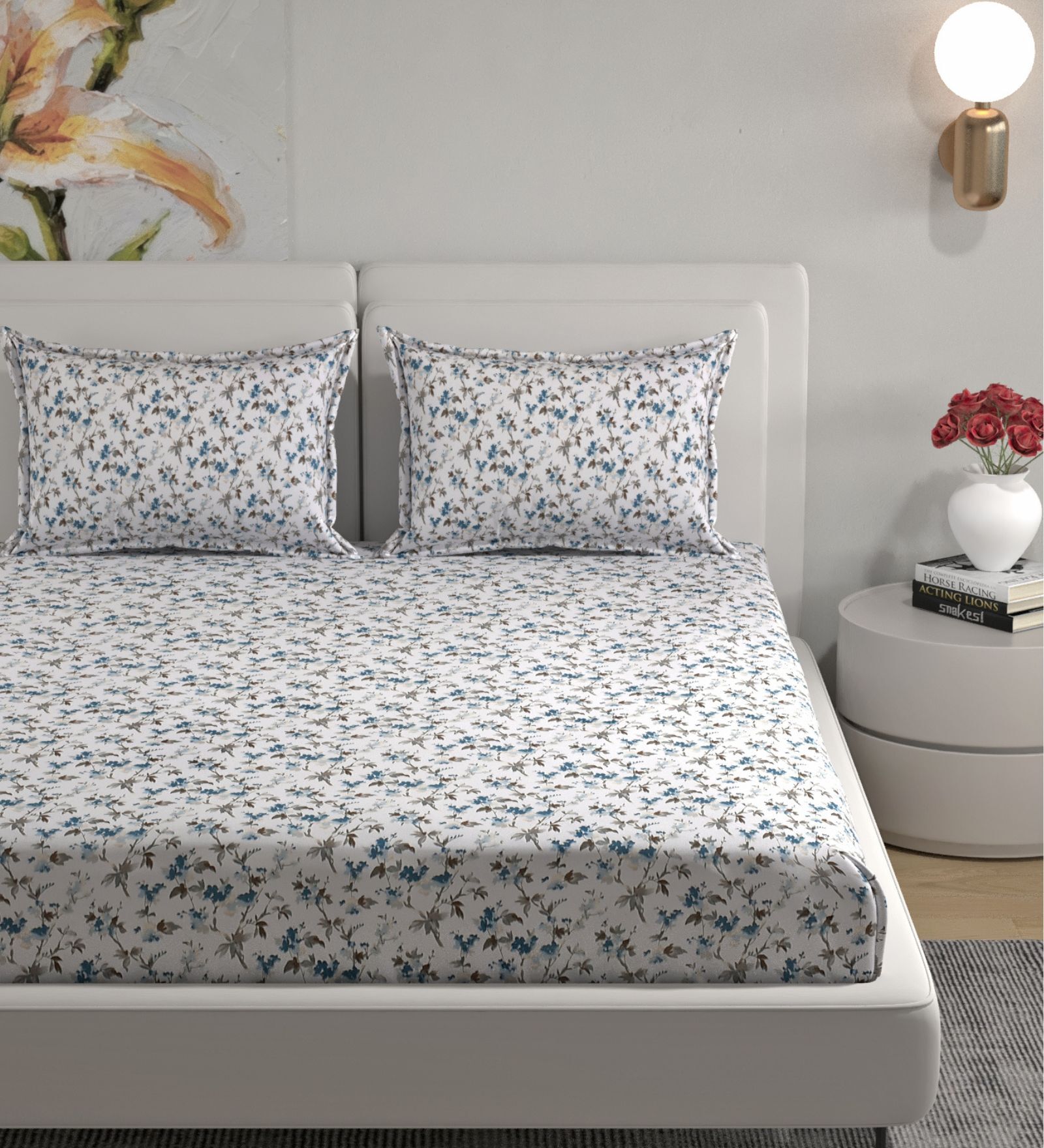 Blue Floral 180 TC Cotton King Bedhseet 2 pillow covers