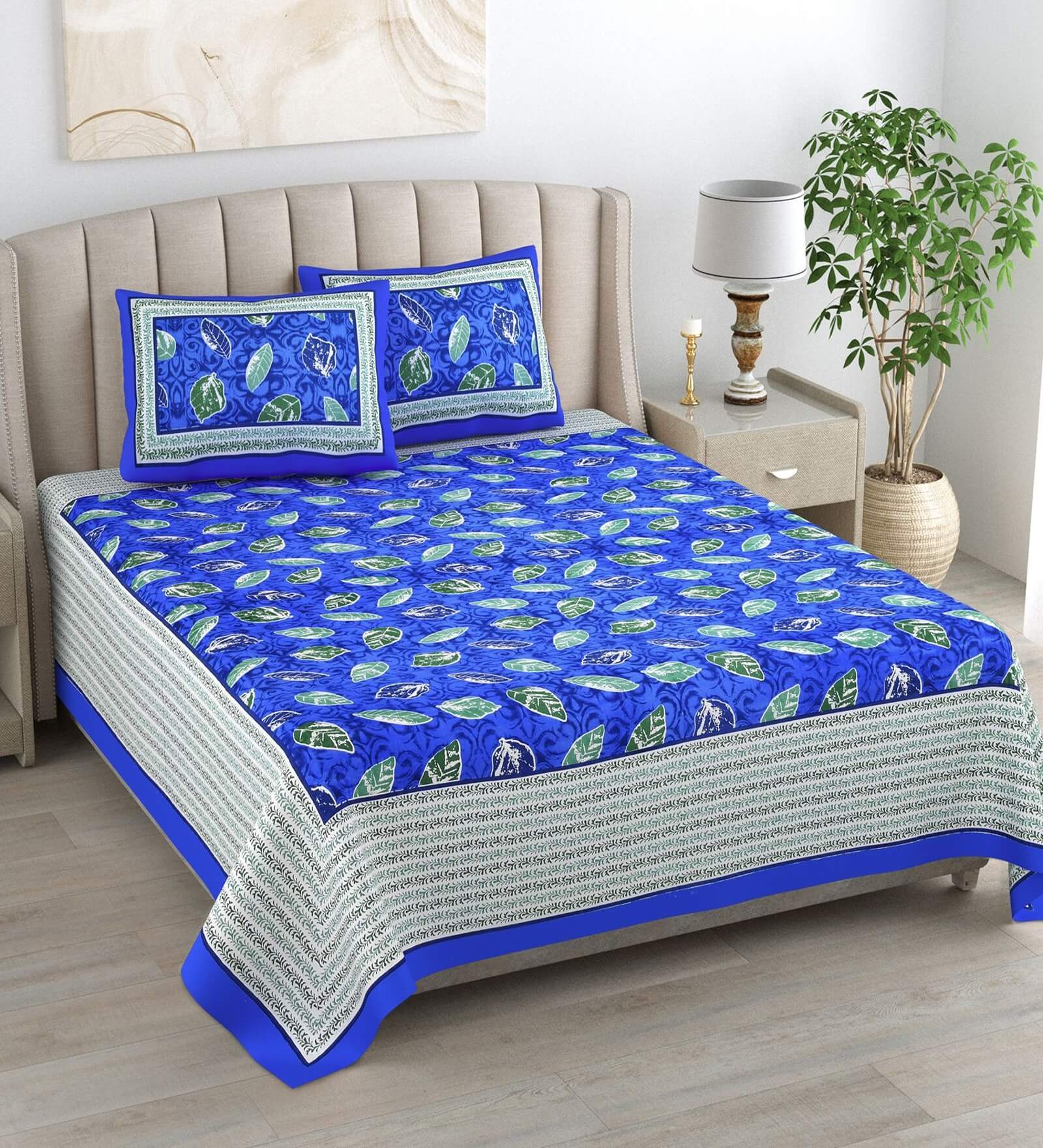 Blue Floral 180 TC Cotton King Size Bedsheet With 2 Pillow Cover