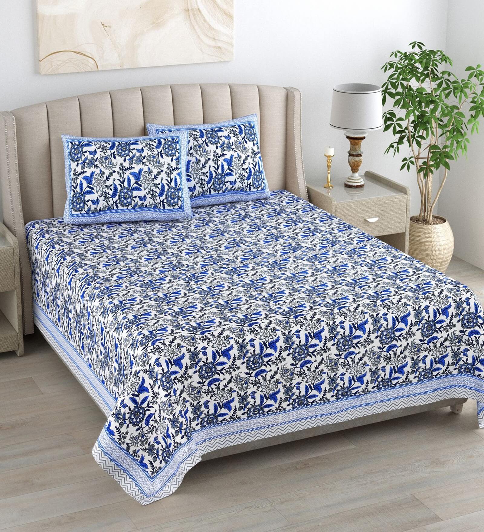 Blue Floral 180 TC Cotton King Size Bedsheet With 2 Pillow Cover