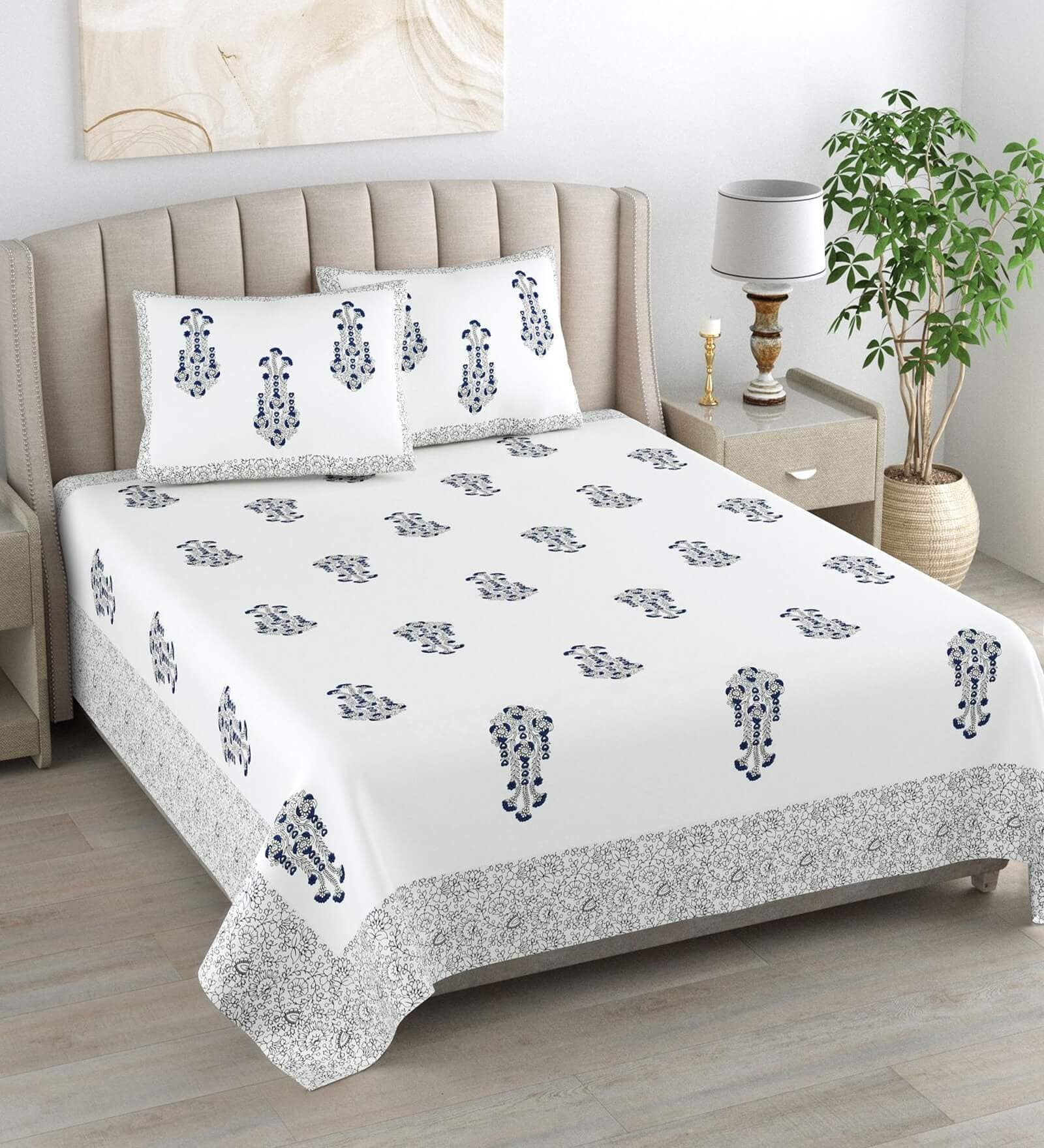 Blue Floral 180 TC Cotton King Size Bedsheet With 2 Pillow Cover