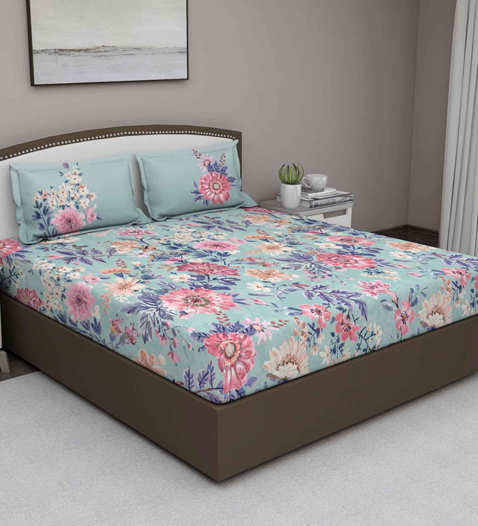 Blue Floral 180 TC Cotton Queen Sized Bed Sheets with 2 Pillow Covers