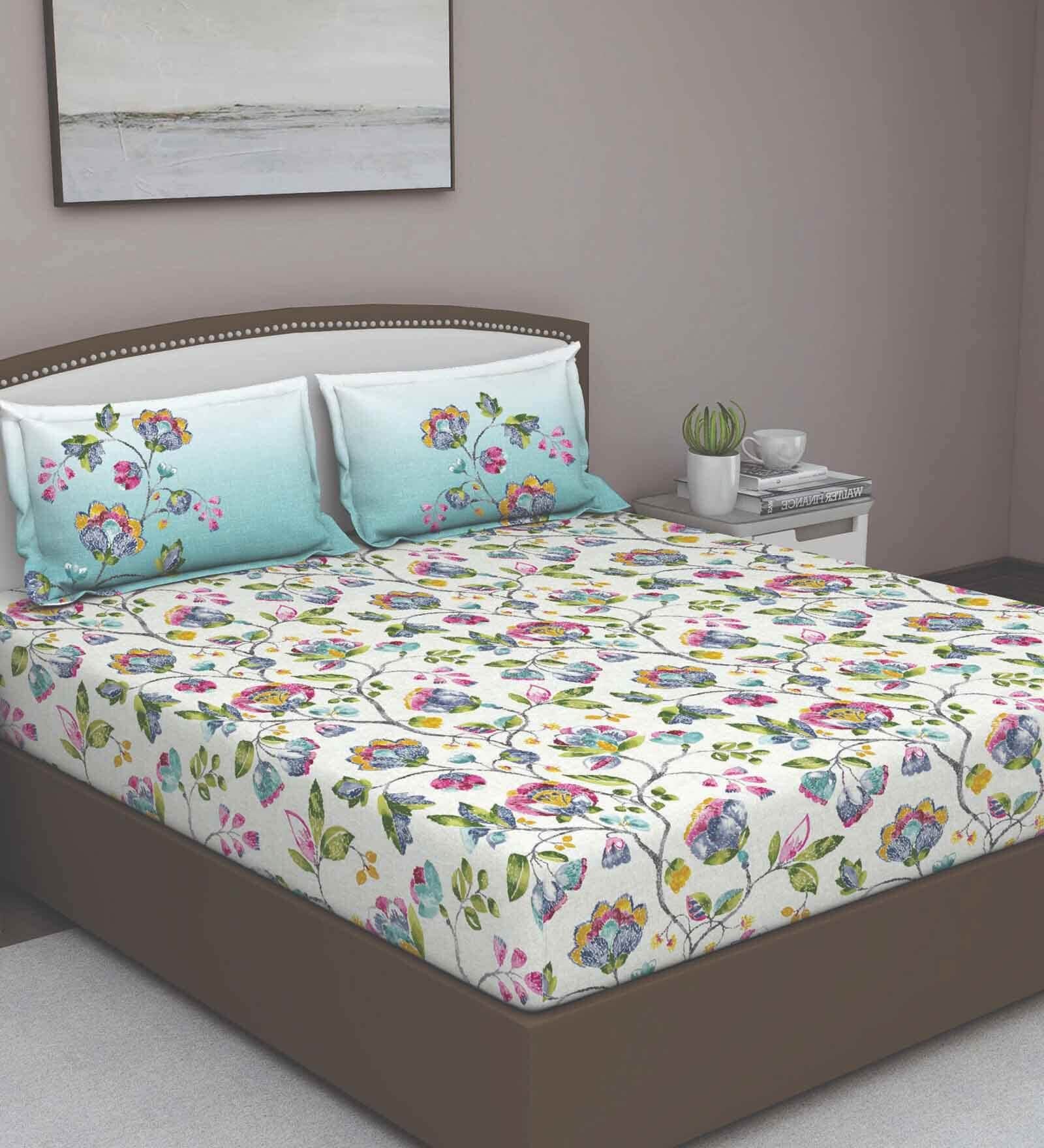 Blue Floral 180 TC Cotton Queen Sized Bed Sheets with 2 Pillow Covers