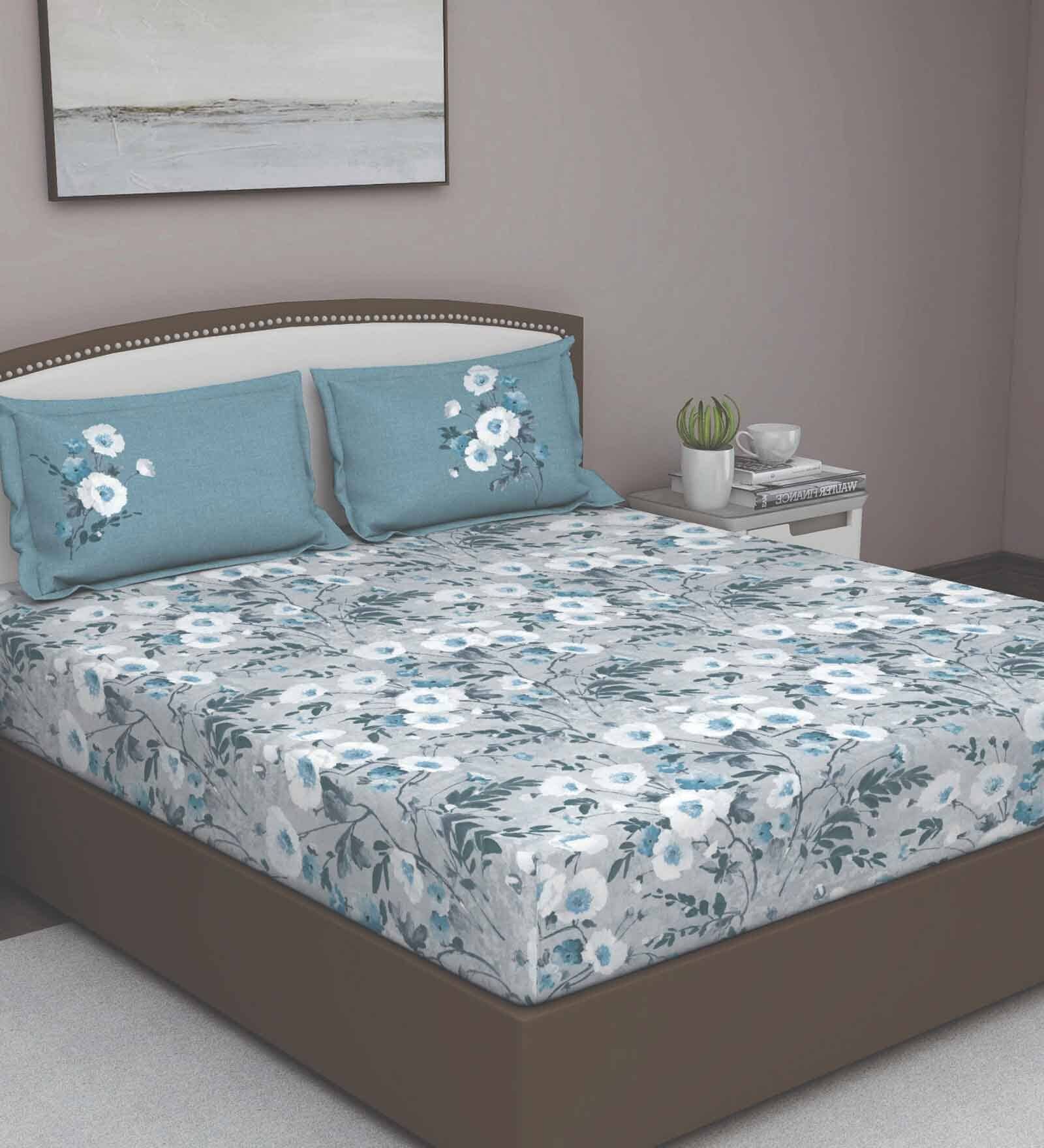Blue Floral 180 TC Cotton Queen Sized Bed Sheets with 2 Pillow Covers