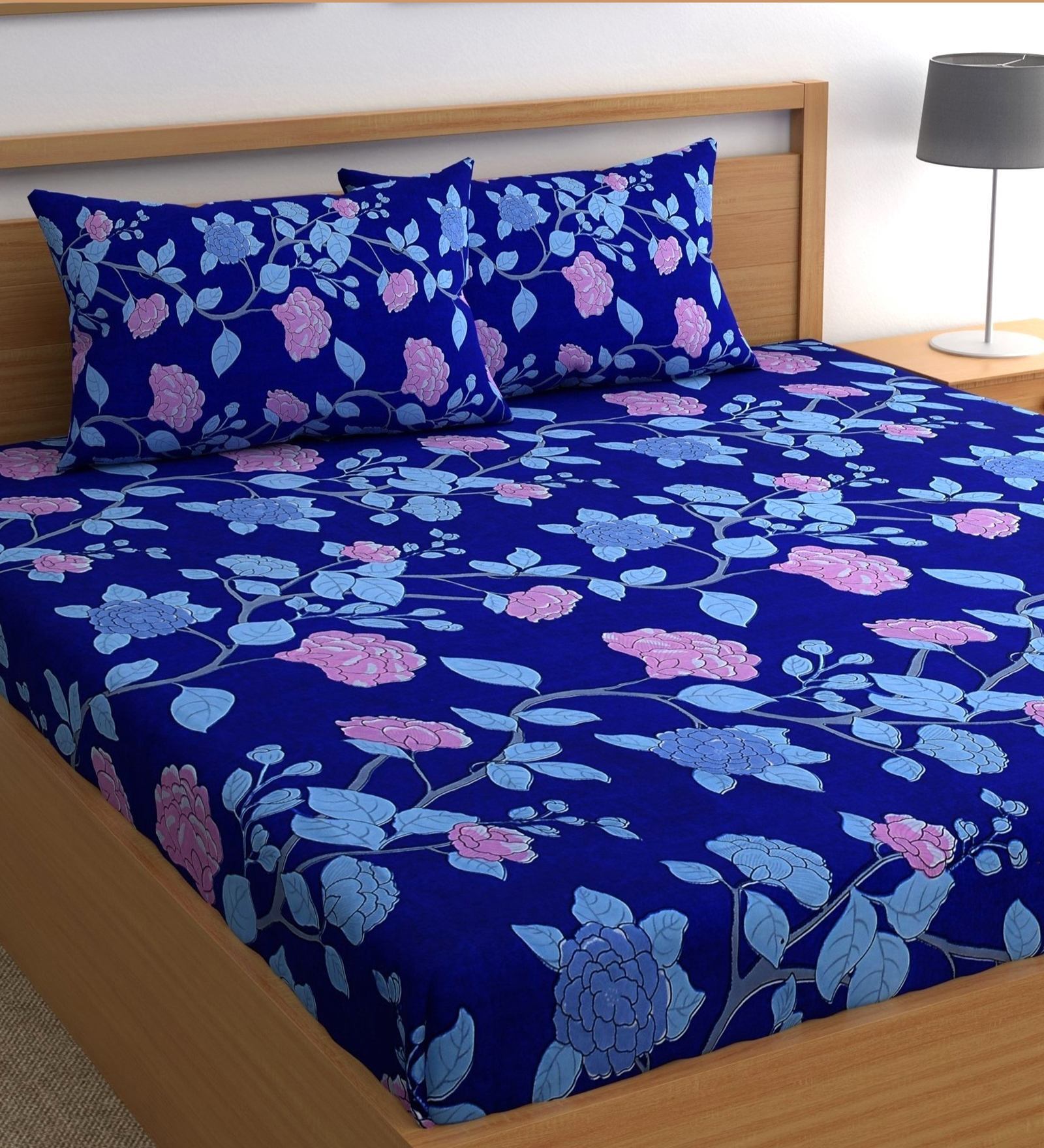 Buy Blue Floral 180 TC Microfiber Double Queen Bedsheet With 2 Pillow