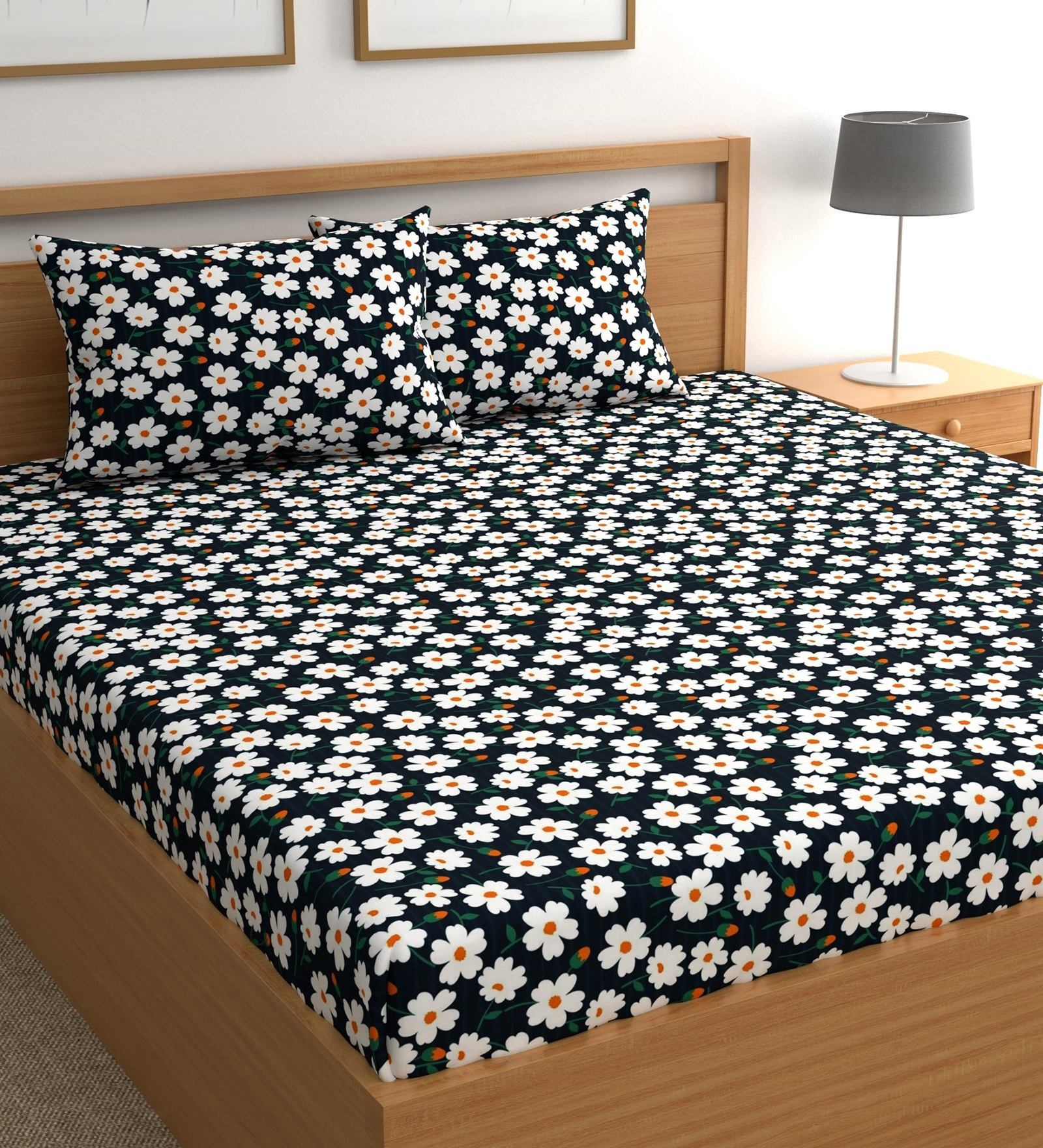 Blue Floral 180 TC Microfiber Double Queen Bedsheet With 2 Pillow Covers