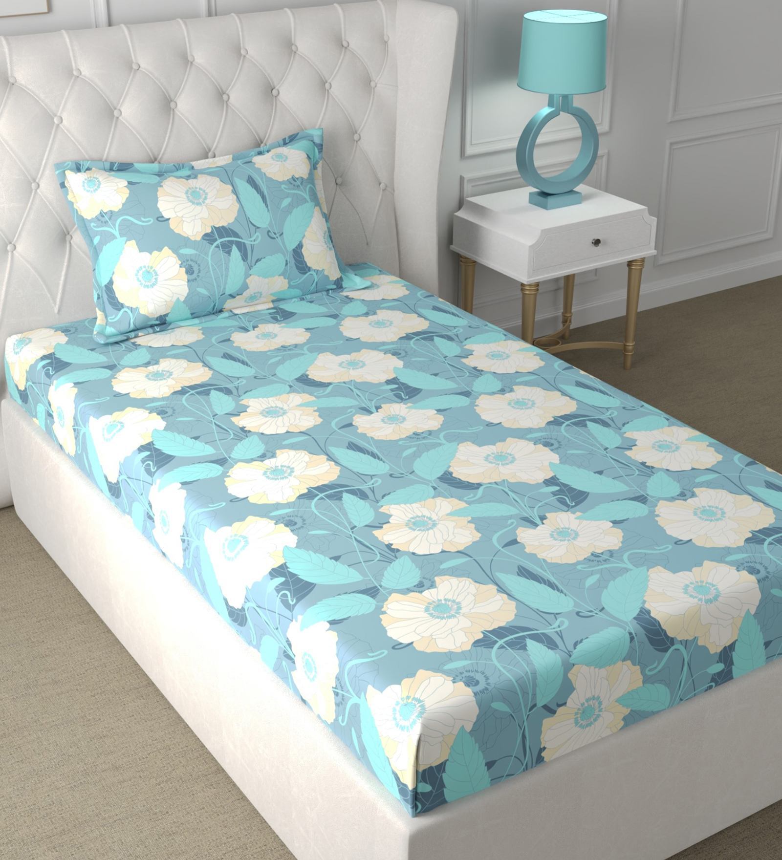 Blue Floral 180 TC Microfiber Single Bedsheet With 1 Pillow Cover