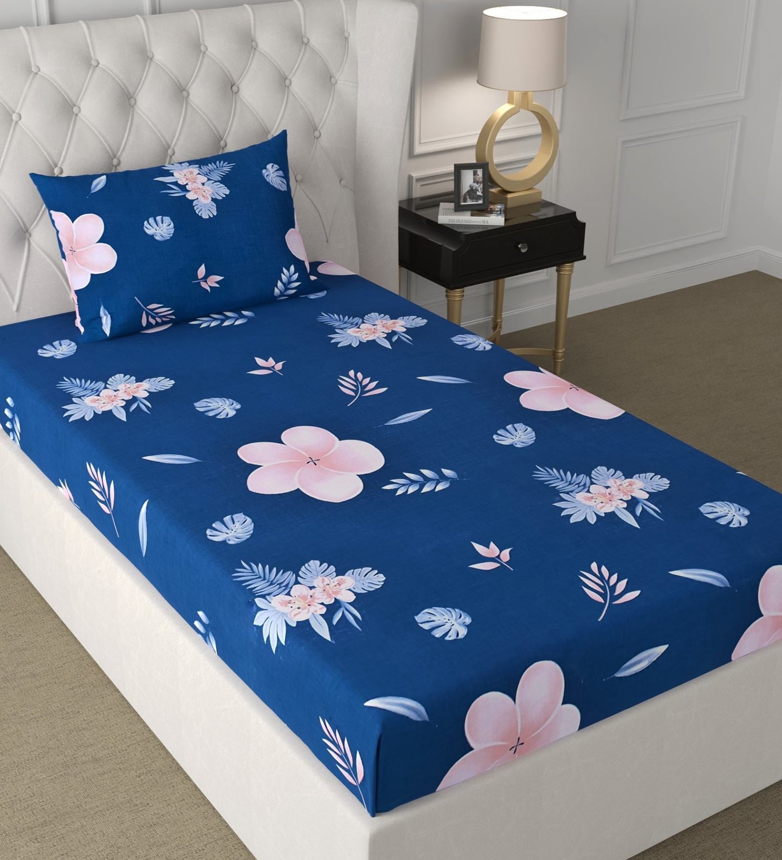 Blue Floral 180 TC Microfiber Single Bedsheet With 1 Pillow Cover