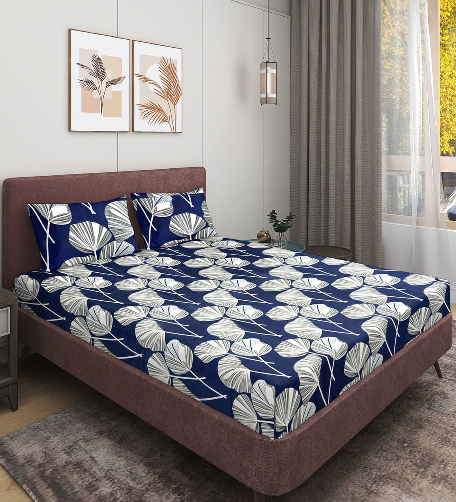 Blue Floral 186 TC Glace Cotton Queen Sized Double Bedsheet with 2 Pillow Covers