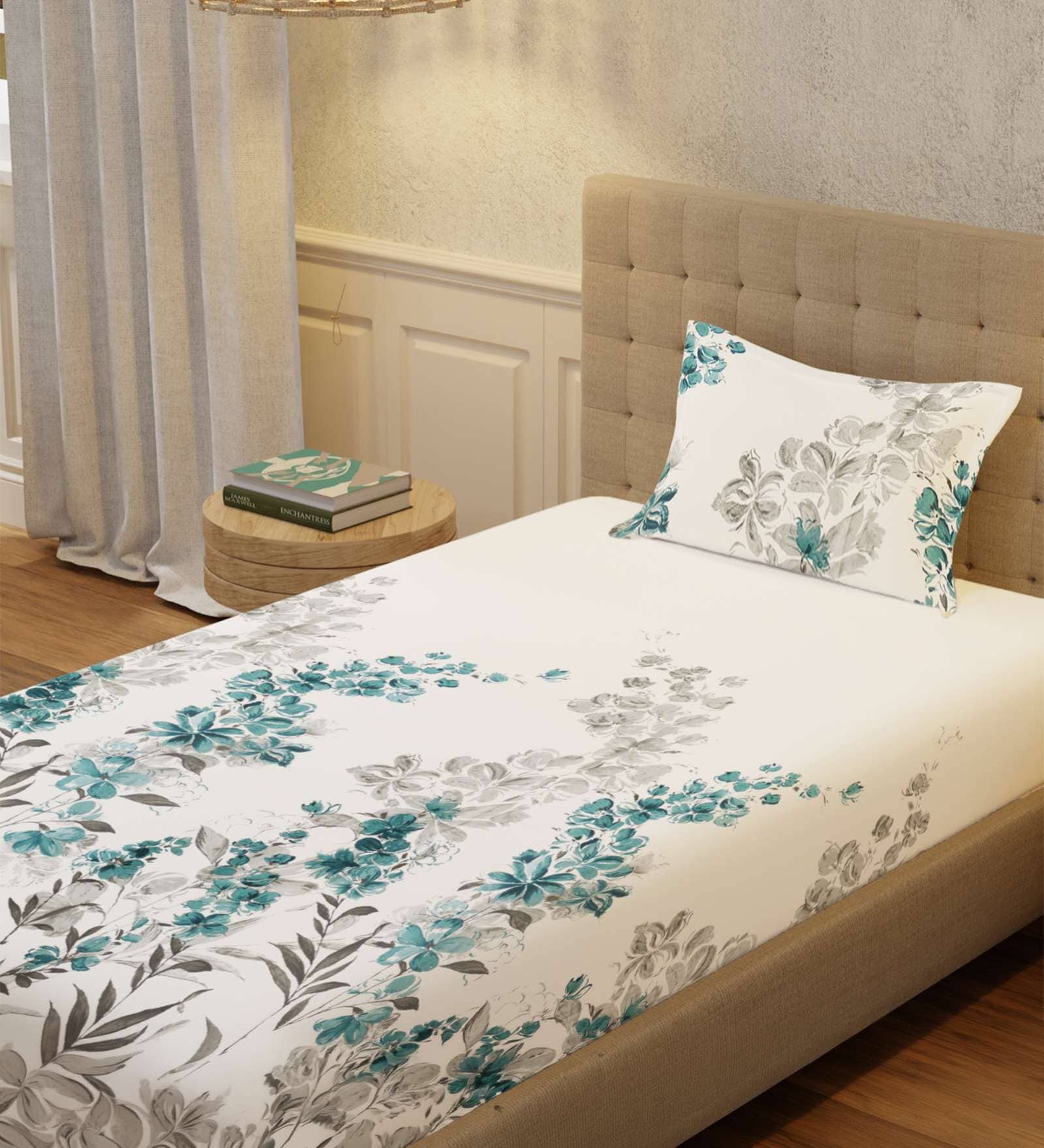 Blue Floral 200 TC Cotton Single Bedsheet with 1 Pillow Cover
