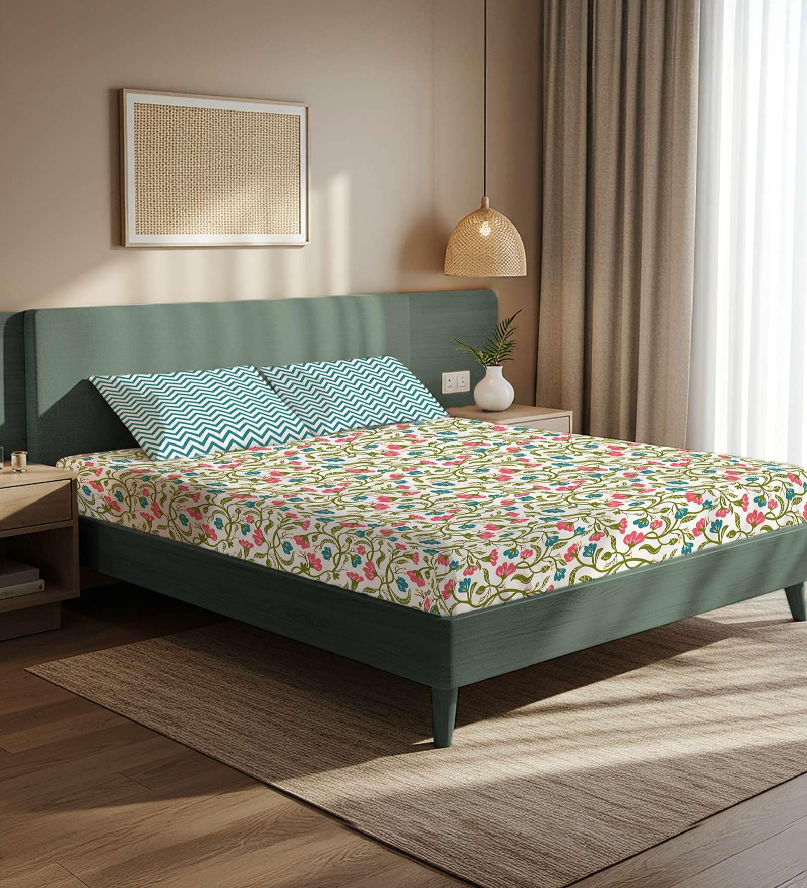 Blue Floral 200 TC Microfiber Double Bedsheet with 2 Pillow Covers